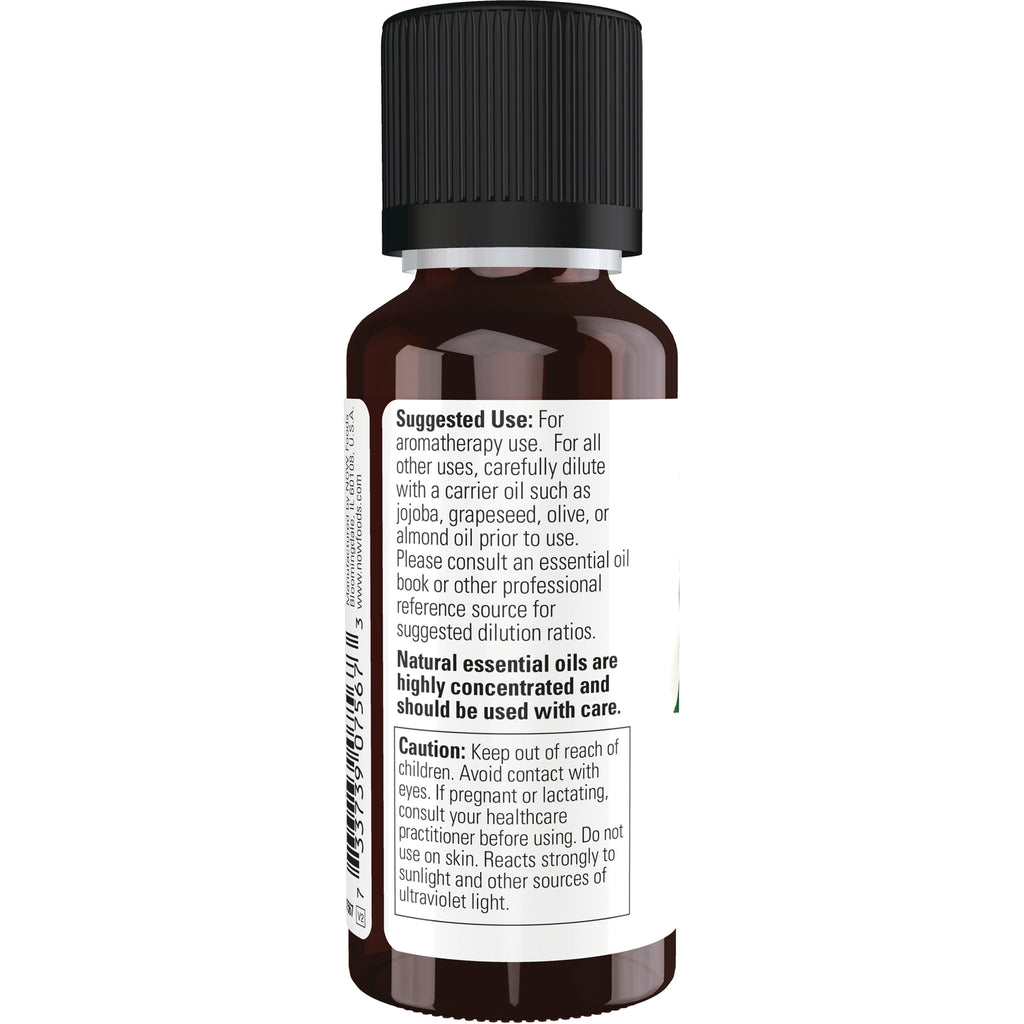 NWF490 | Back label of brown essential oil bottle showing suggested use and caution text - Thumbnail