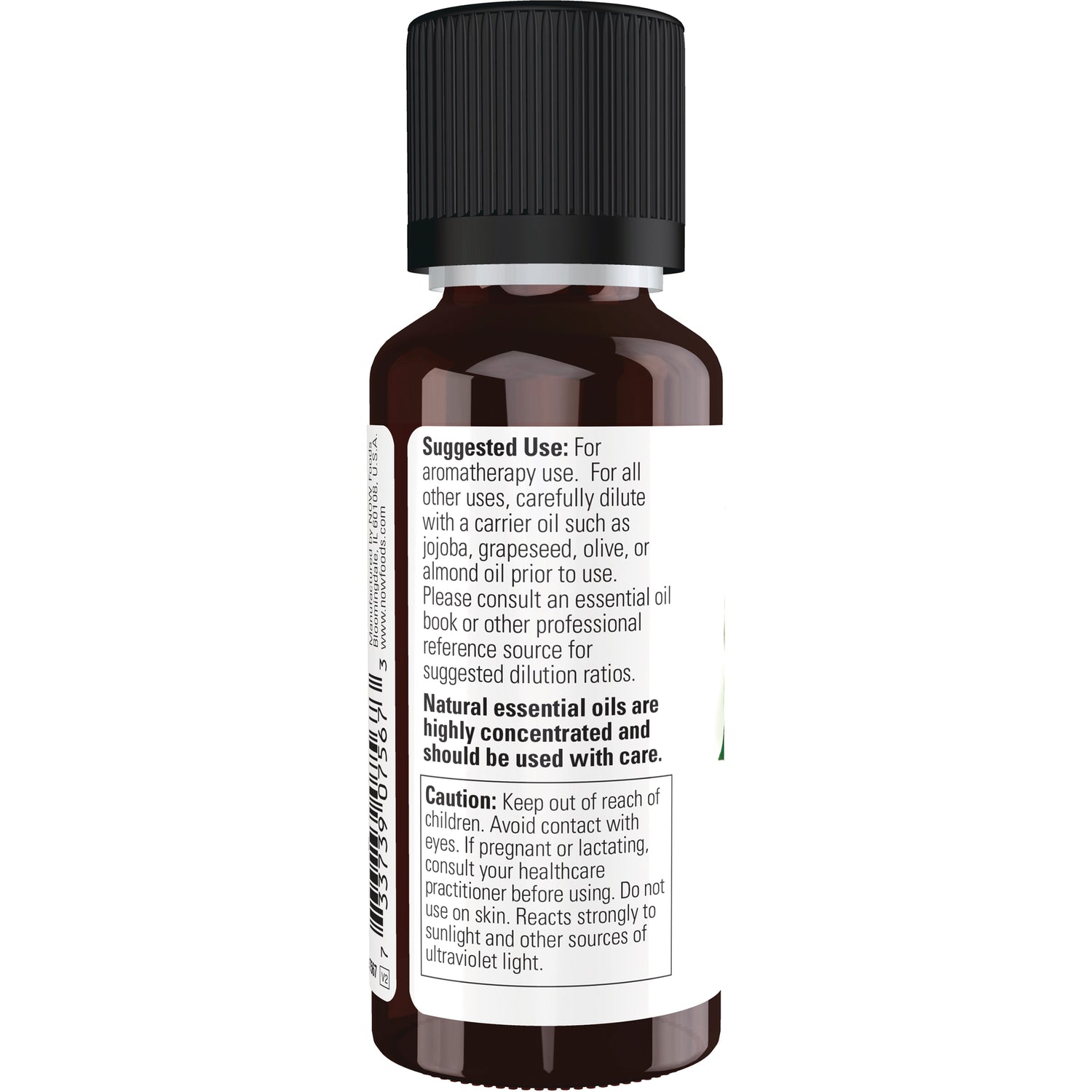 NWF490 | Back label of brown essential oil bottle showing suggested use and caution text