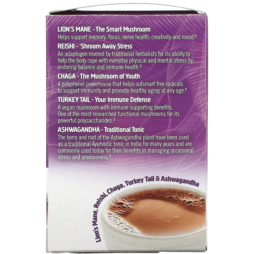 MMX038 | product infographic listing Lion's Mane, Reishi, Chaga, Turkey Tail and Ashwagandha benefits with a cup of mushroom drink - Thumbnail