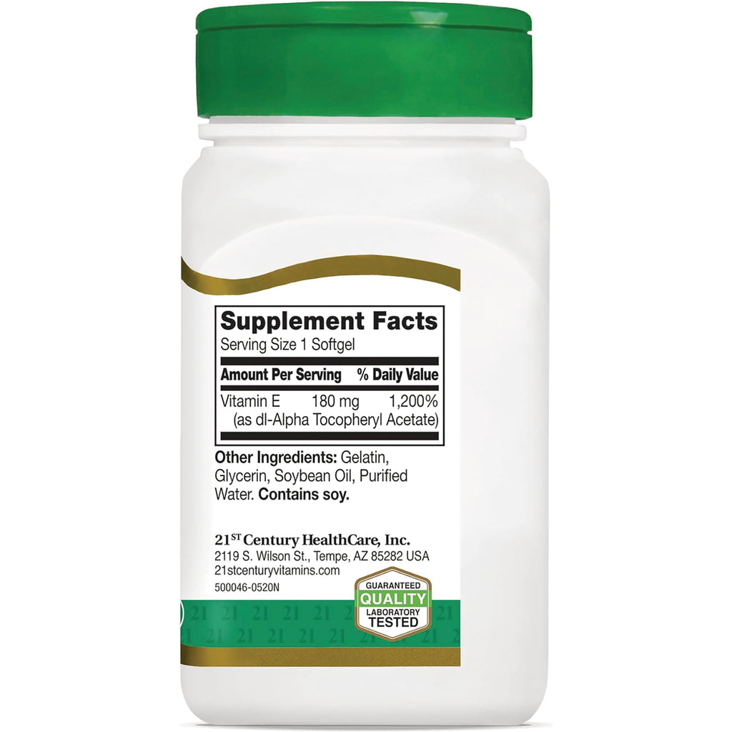 CNT186 | Back label of white supplement bottle showing Supplement Facts, serving size 1 softgel, Vitamin E 180 mg, other ingredients and quality tested badge - Thumbnail