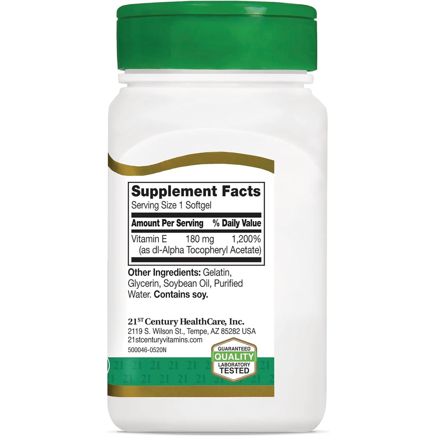 CNT186 | Back label of white supplement bottle showing Supplement Facts, serving size 1 softgel, Vitamin E 180 mg, other ingredients and quality tested badge