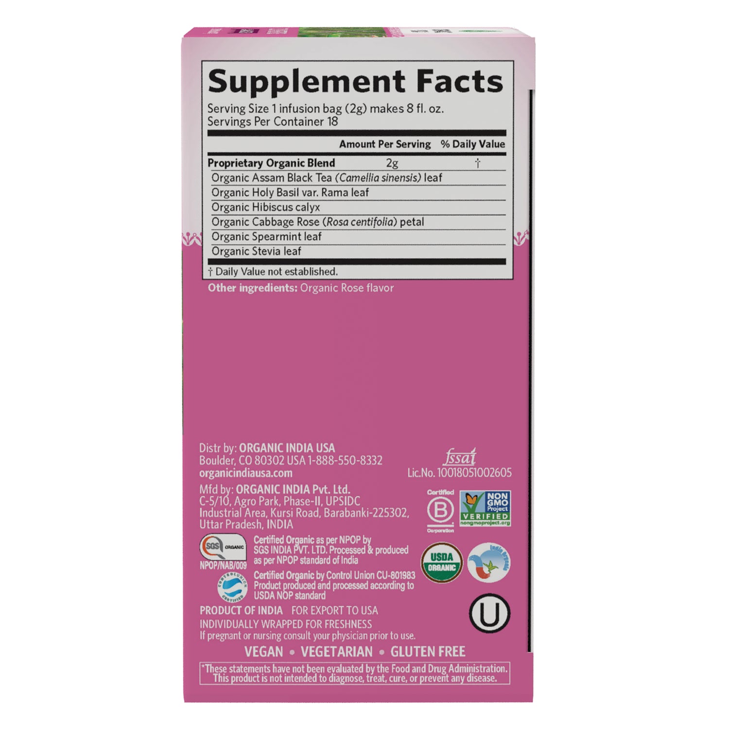 RGN106 | back panel showing Supplement Facts, ingredient list, distributor details and certification logos on pink box