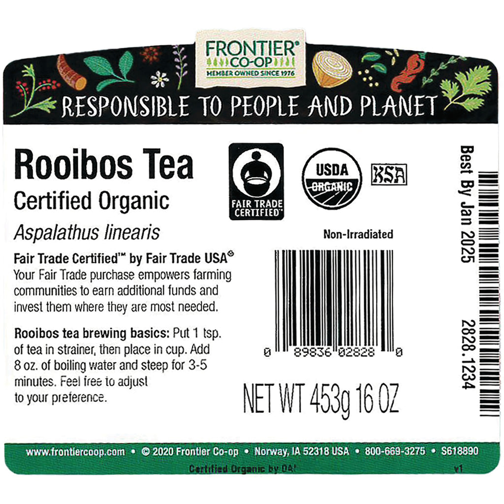 FNP030 | Back label of Frontier Rooibos Tea showing Certified Organic and Fair Trade logos, brewing instructions, barcode, and NET WT 453g 16 OZ - Thumbnail