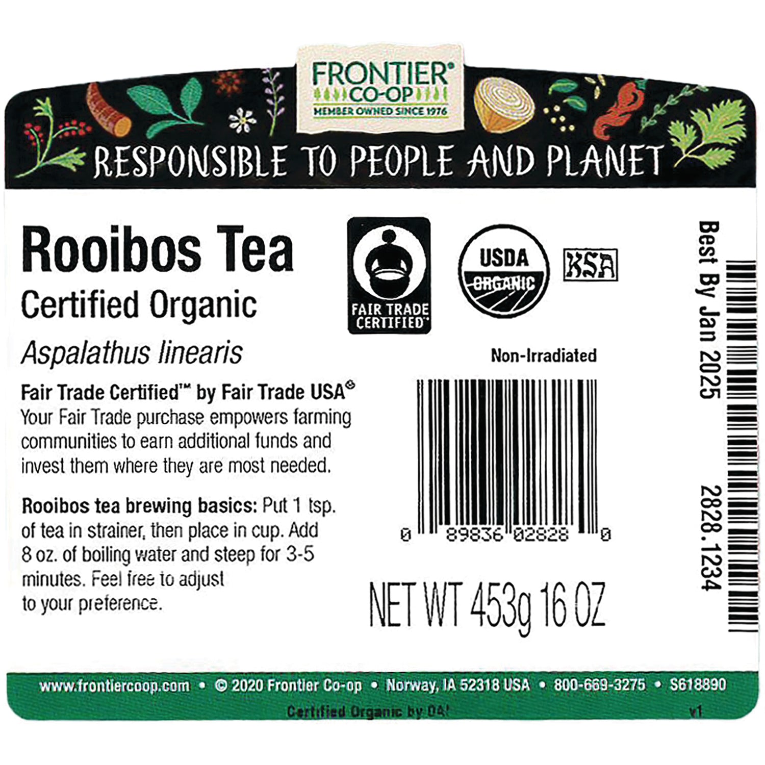FNP030 | Back label of Frontier Rooibos Tea showing Certified Organic and Fair Trade logos, brewing instructions, barcode, and NET WT 453g 16 OZ