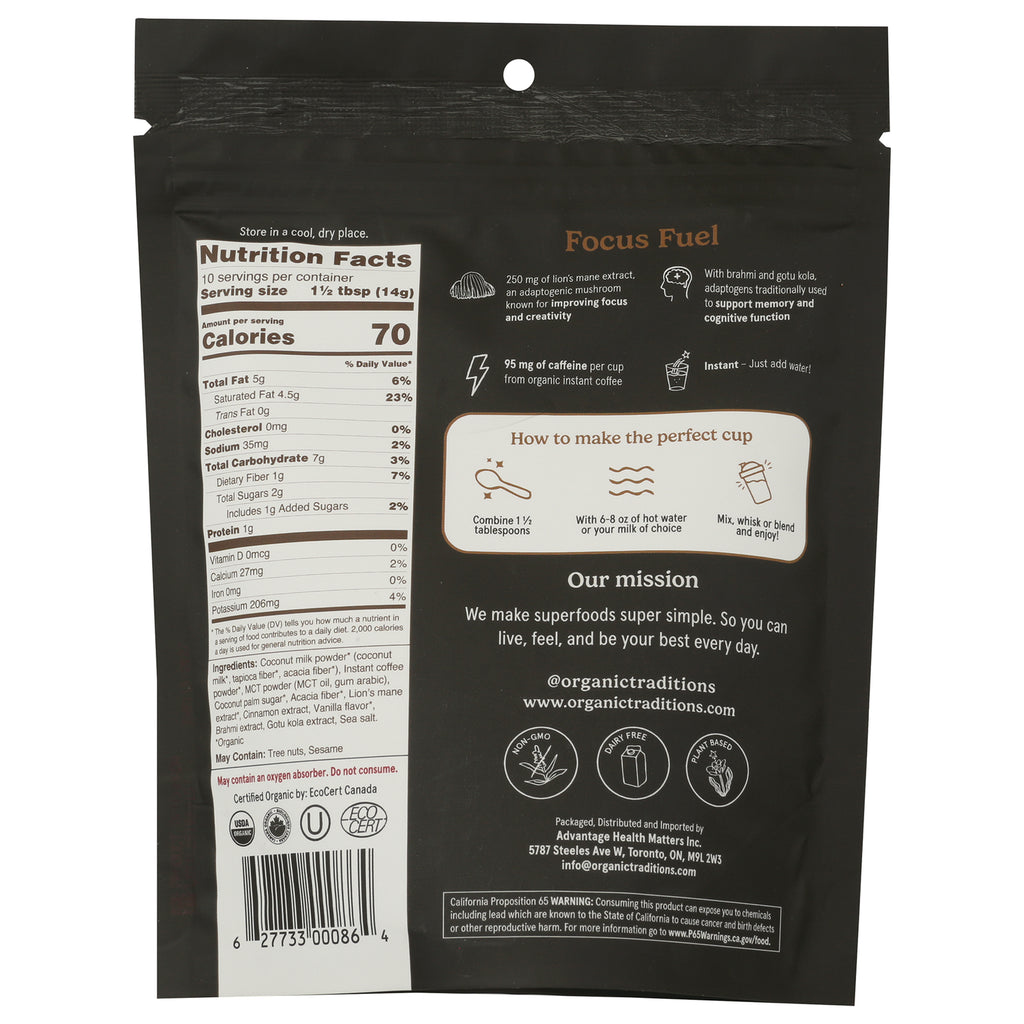 OTR103 | back of coffee pouch showing Nutrition Facts, preparation instructions, ingredient list, and barcode - Thumbnail