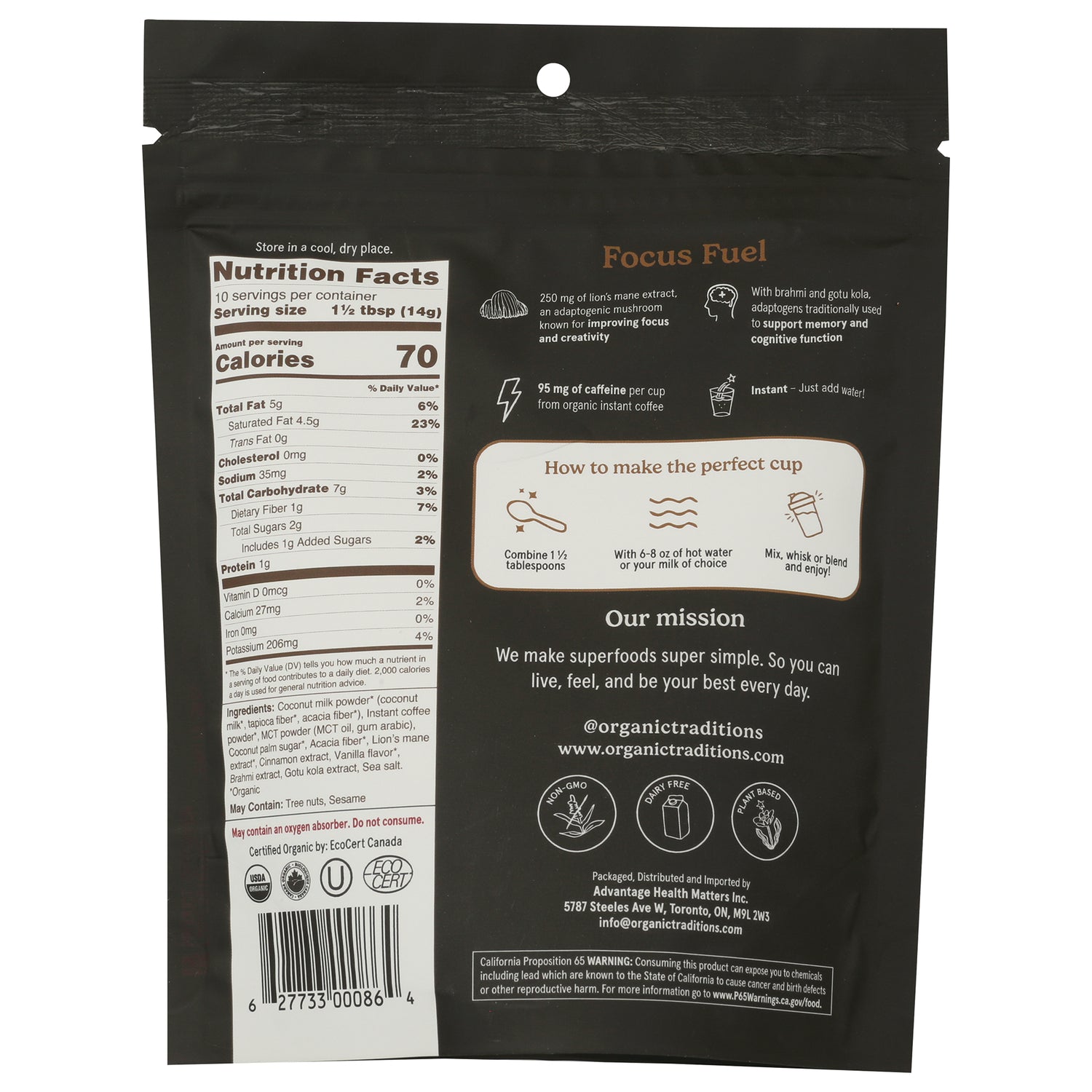 OTR103 | back of coffee pouch showing Nutrition Facts, preparation instructions, ingredient list, and barcode