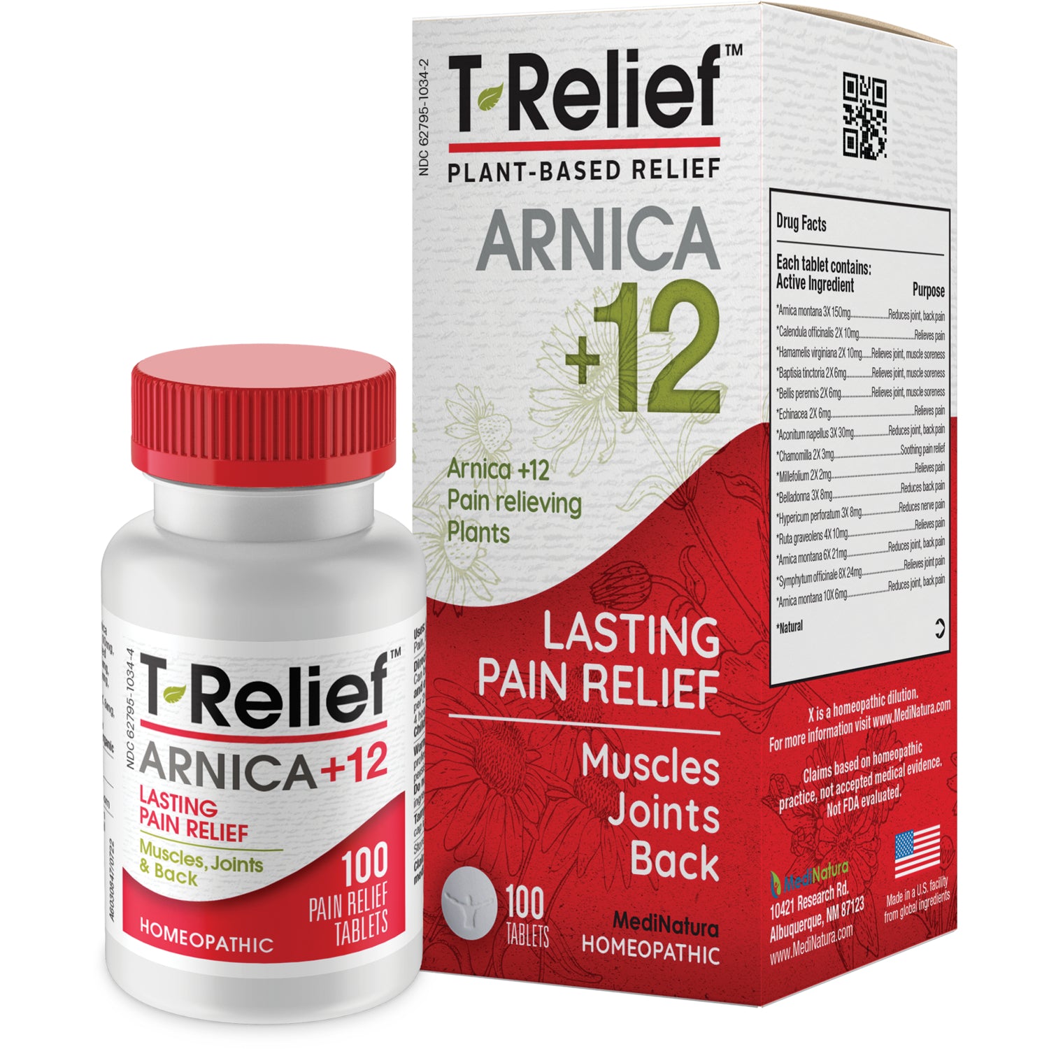 MNA025 | T-Relief Arnica +12 plant-based lasting pain relief box for muscles, joints, back, 100 tablets