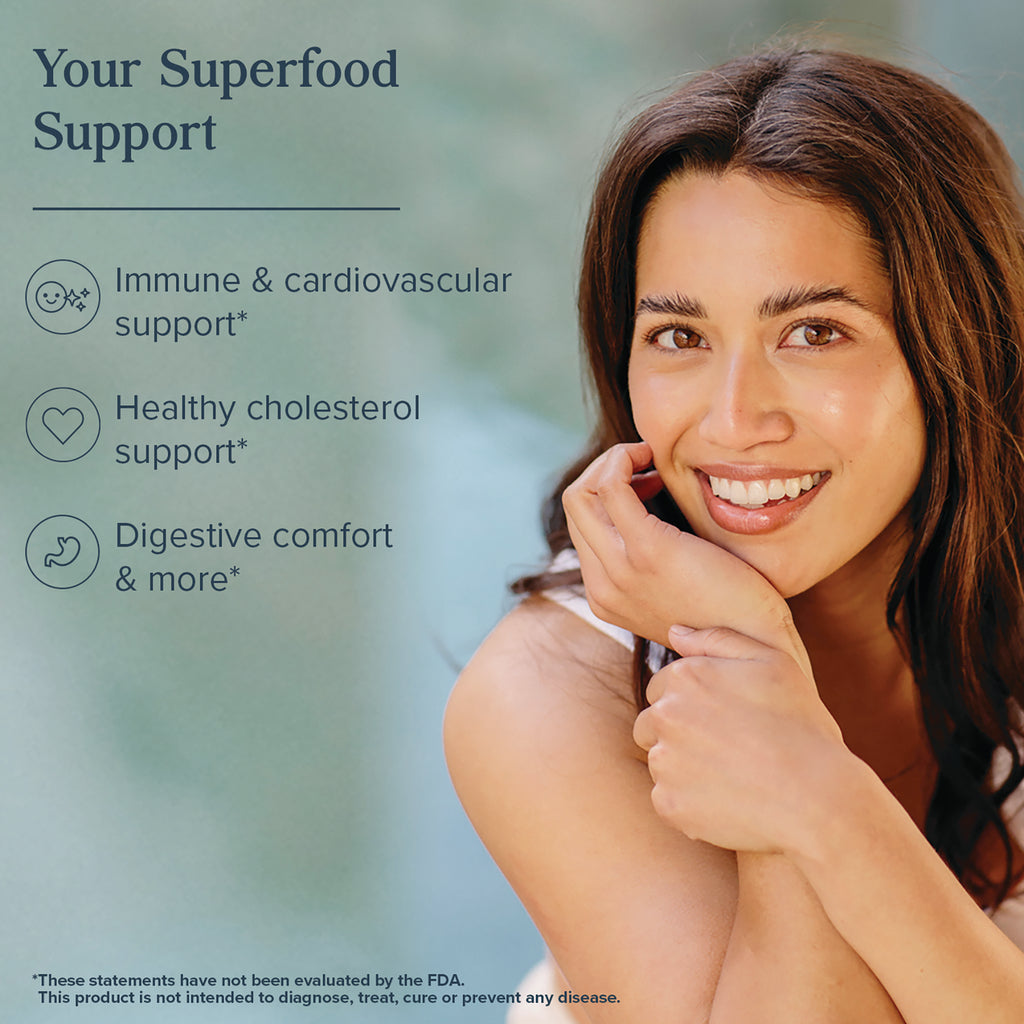 Smiling woman beside text Your Superfood Support and icons for immune, cardiovascular, cholesterol, and digestive support - Thumbnail