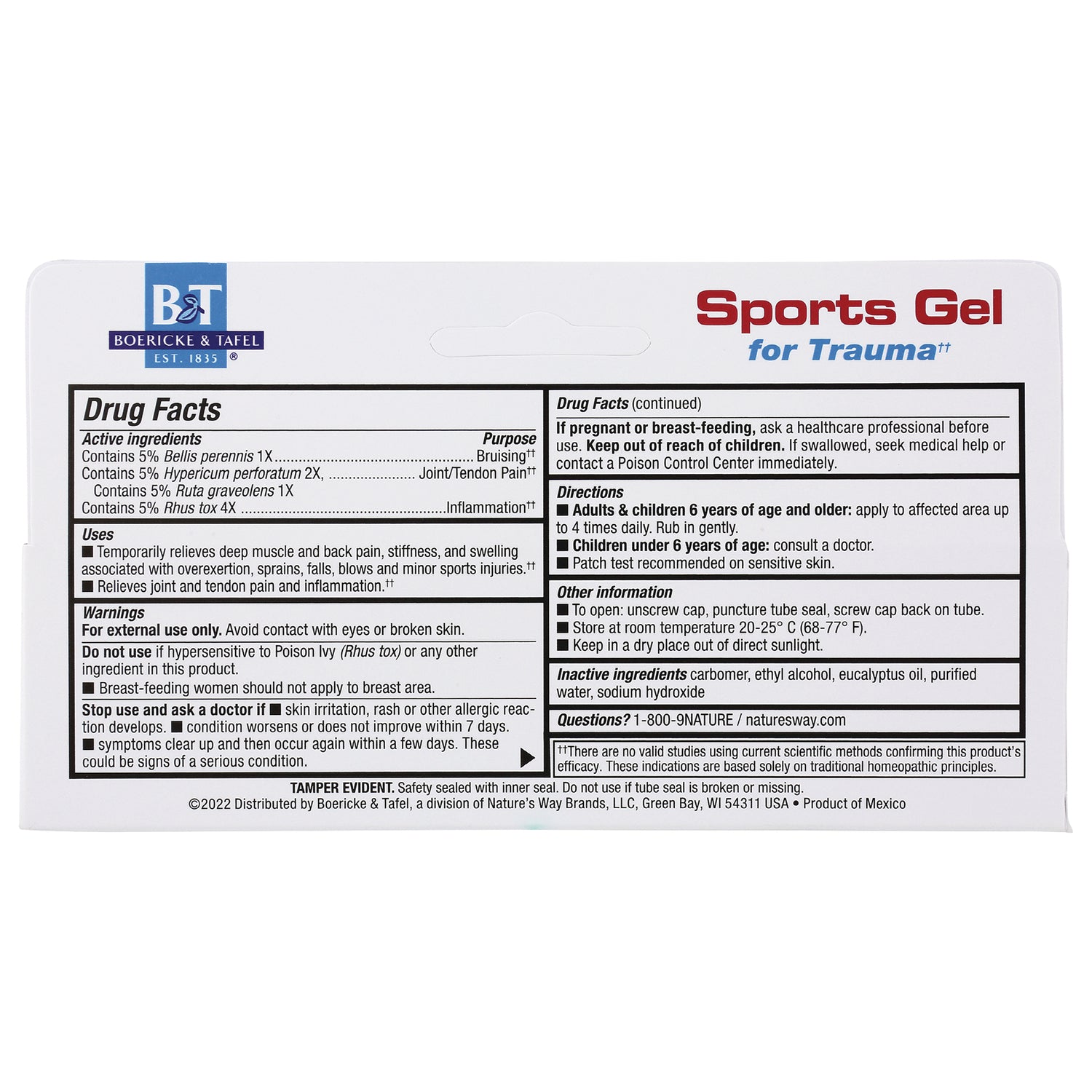 BRK013 | Back panel of Sports Gel packaging showing Drug Facts, active ingredients, directions and warnings