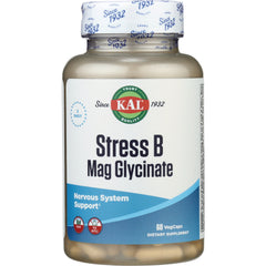KAL Stress B Mag Glycinate supplement bottle, 60 VegCaps, label shows Nervous System Support
