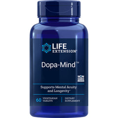 LE392 | Blue Life Extension Dopa-Mind bottle front label reading Dopa-Mind, 60 vegetarian tablets