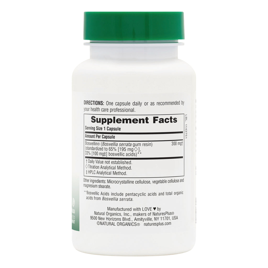 NTP307 | Supplement Facts panel for Boswellin 300 mg capsules with directions and ingredients - Thumbnail