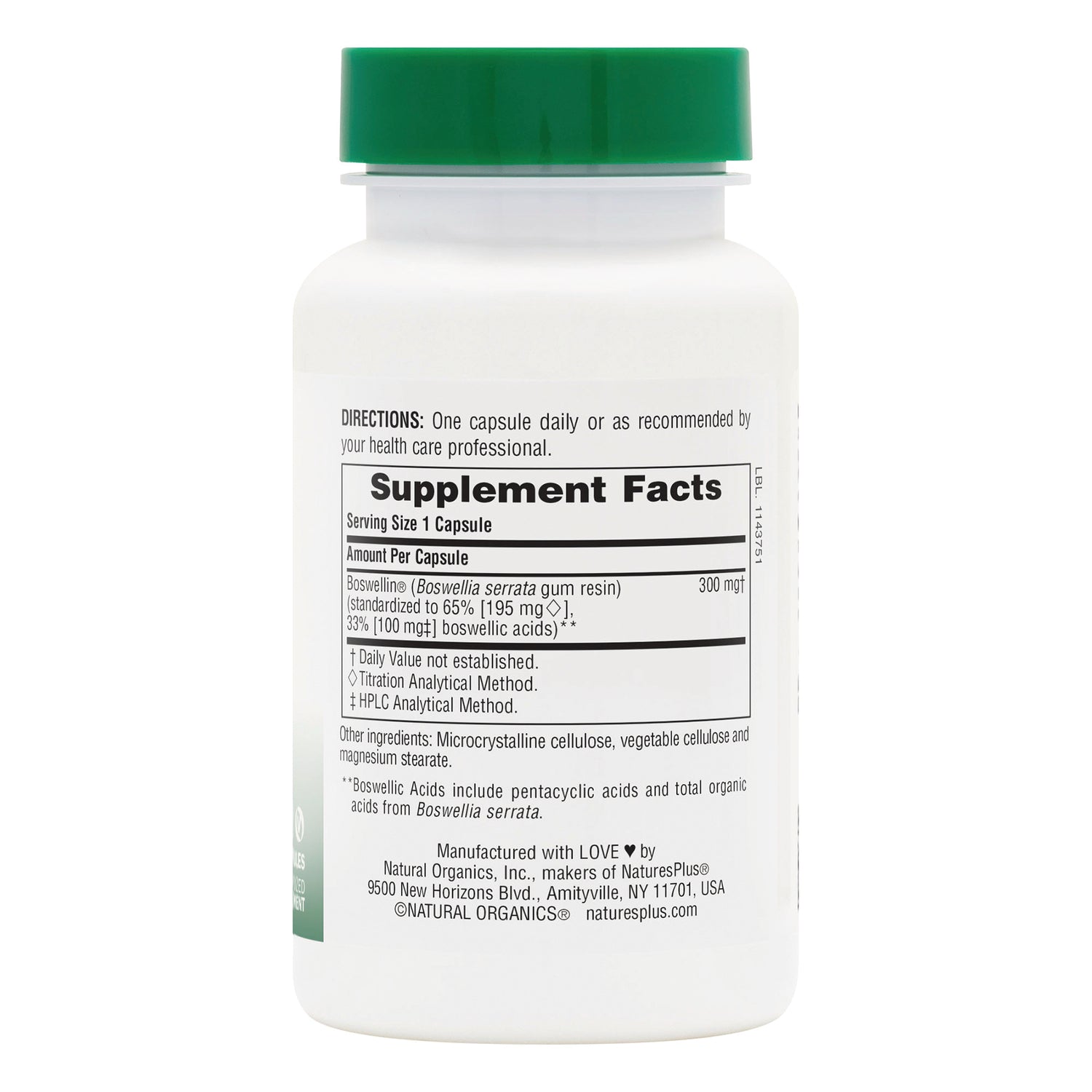 NTP307 | Supplement Facts panel for Boswellin 300 mg capsules with directions and ingredients