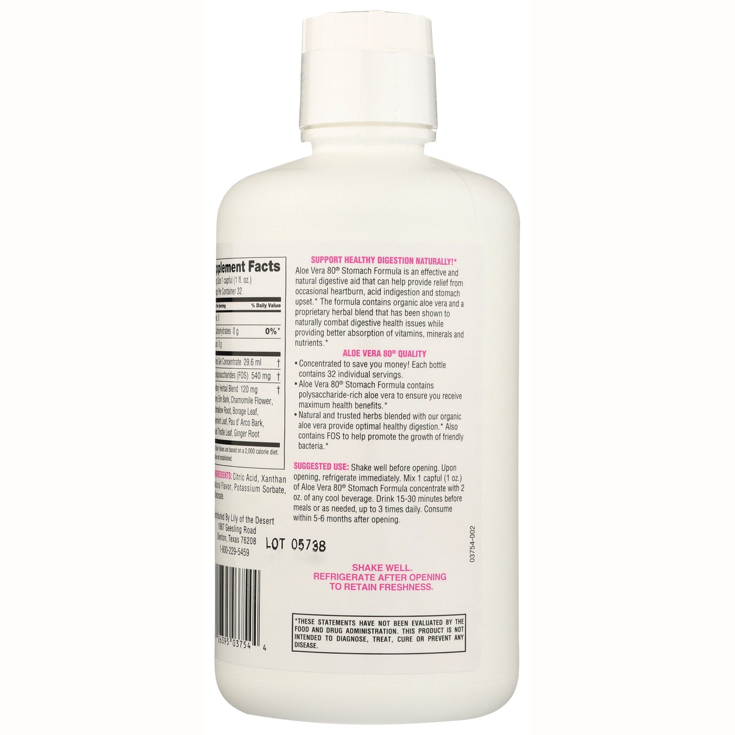 LIL038 | Back label of white supplement bottle showing supplement facts, directions, and text SHAKE WELL REFRIGERATE AFTER OPENING