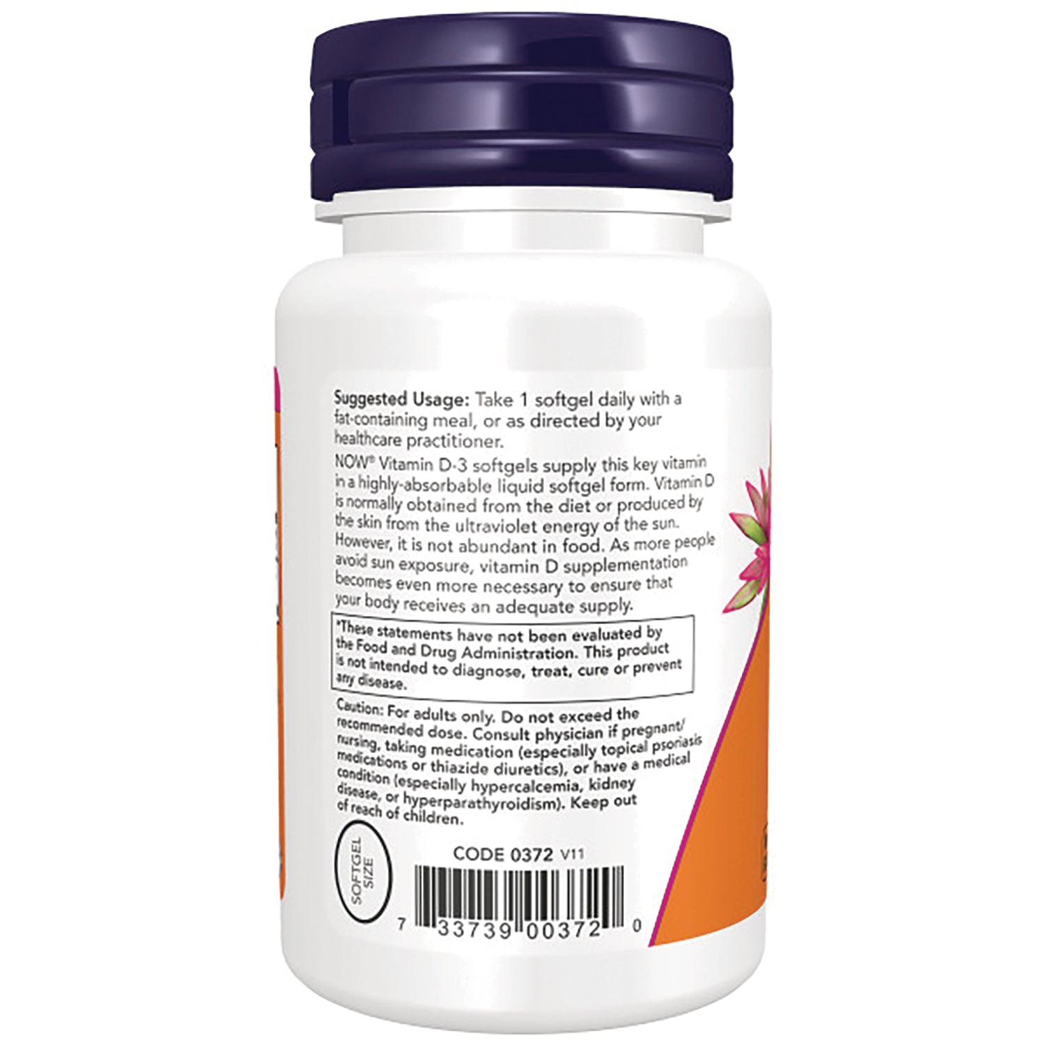 NWF182 | Back label of white supplement bottle showing suggested usage, caution box, and barcode