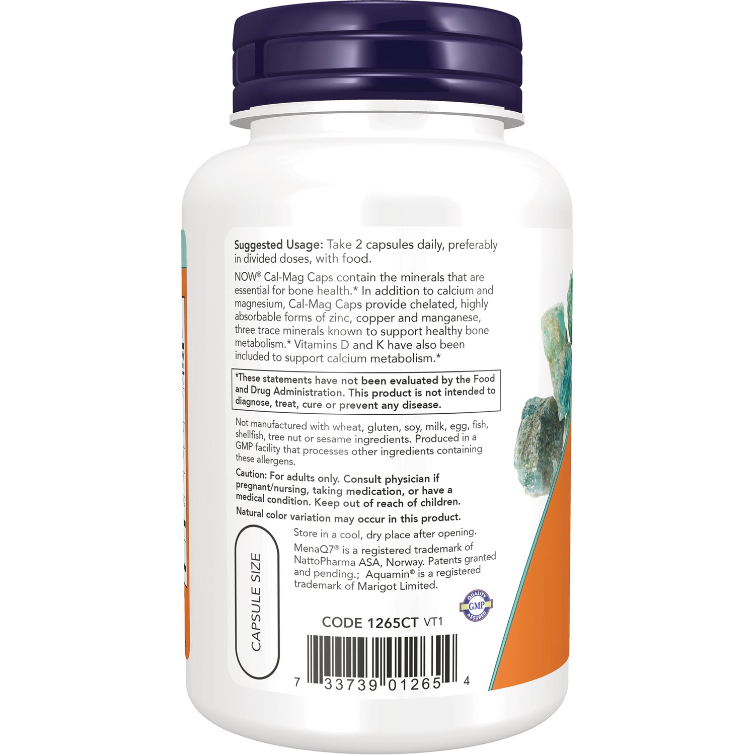 NWF803 | Back label of white supplement bottle showing suggested usage, cautions, and barcode