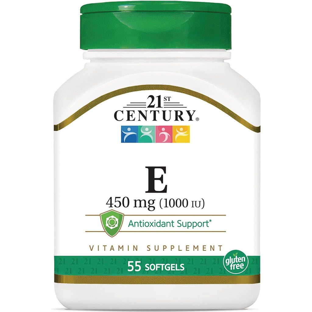 CNT184 | 21st Century Vitamin E 450 mg (1000 IU) bottle, 55 softgels, gluten free front label - Thumbnail
