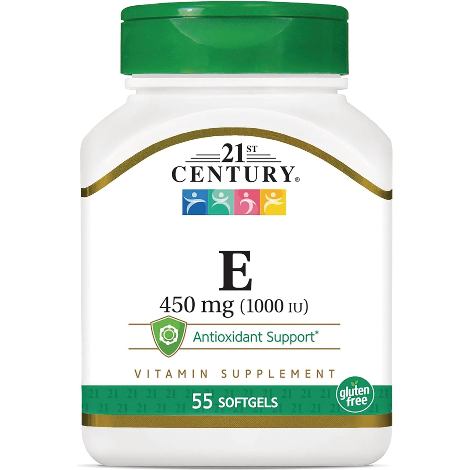 CNT184 | 21st Century Vitamin E 450 mg (1000 IU) bottle, 55 softgels, gluten free front label