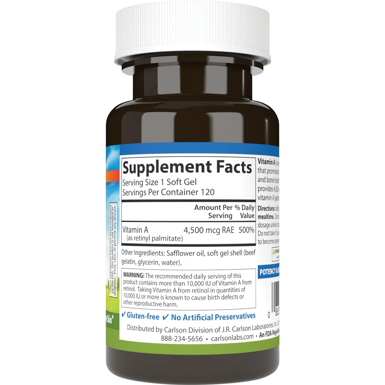 CSN155 | Supplement Facts panel: Vitamin A 15,000 IU (300%), ingredients, directions and warning