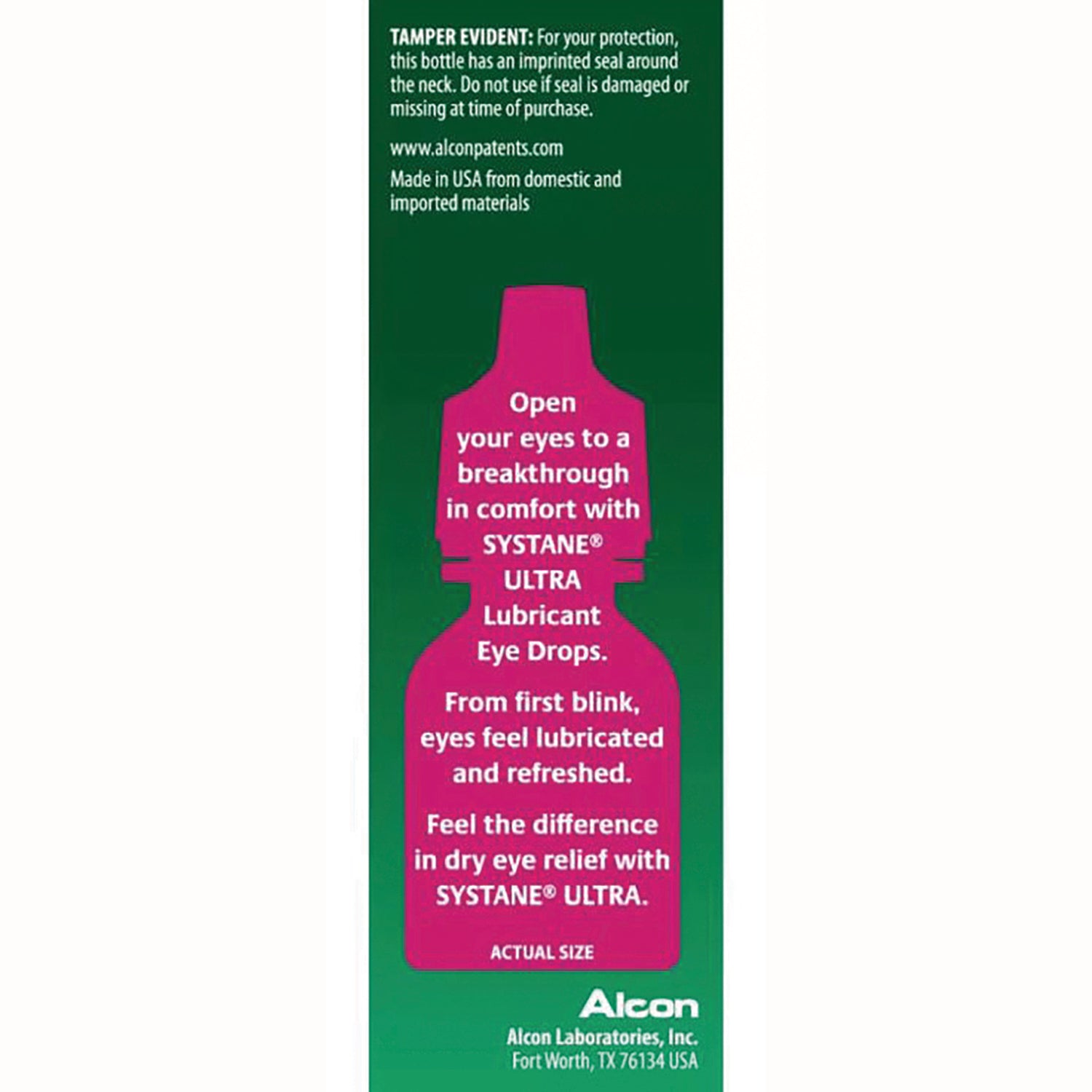 ACN011 | Systane Ultra eye drops infographic with bottle silhouette and comfort and dry eye relief text