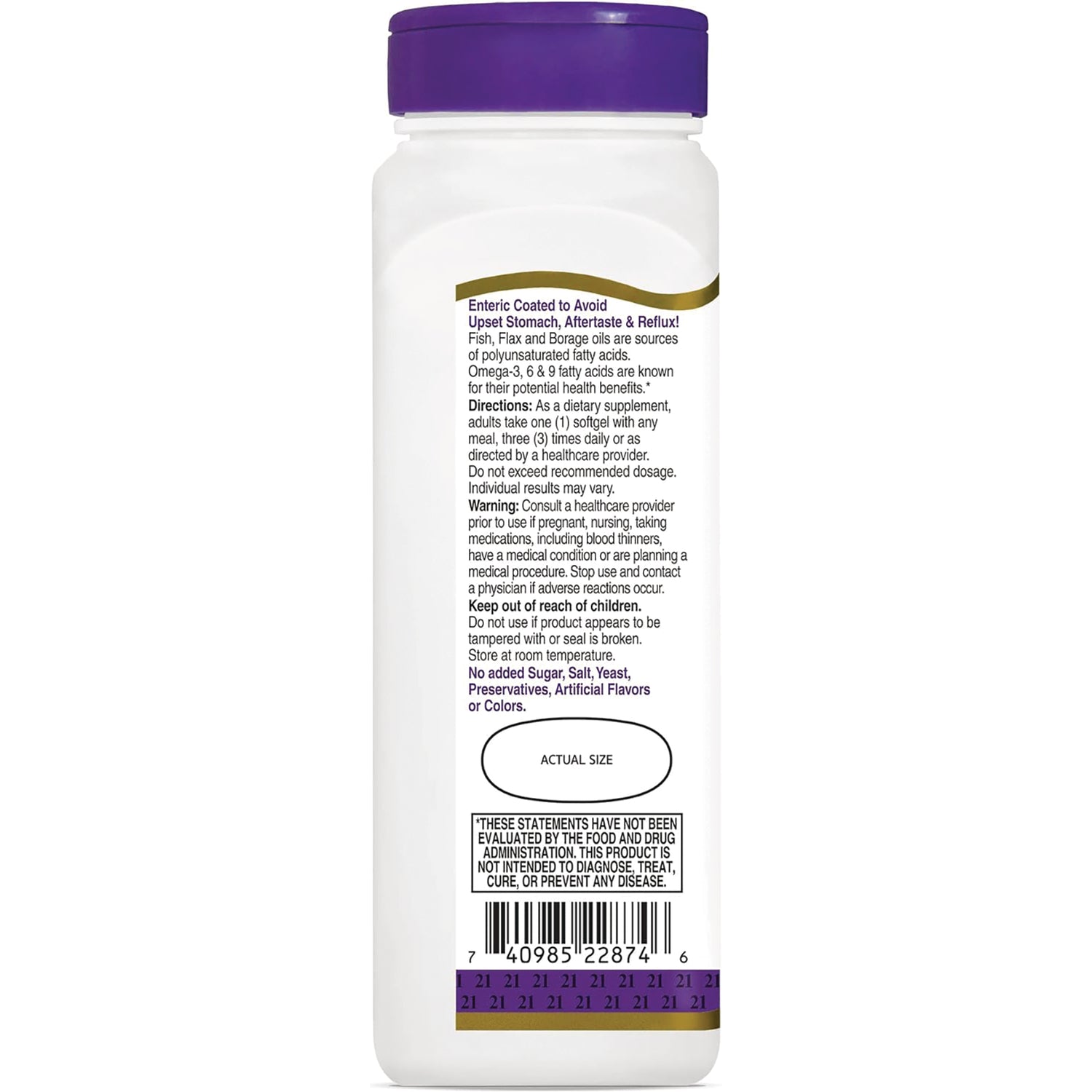 CNT207 | Back label of white supplement bottle with purple cap showing directions, warnings, barcode and ACTUAL SIZE oval