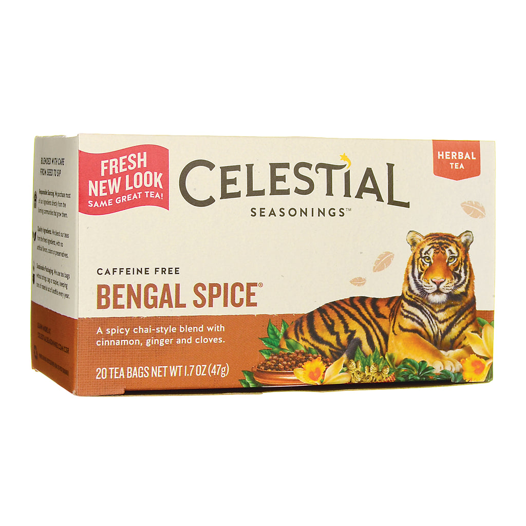 CEL001 | Celestial Seasonings Bengal Spice herbal tea box with tiger illustration and visible text BENGAL SPICE and FRESH NEW LOOK - Thumbnail