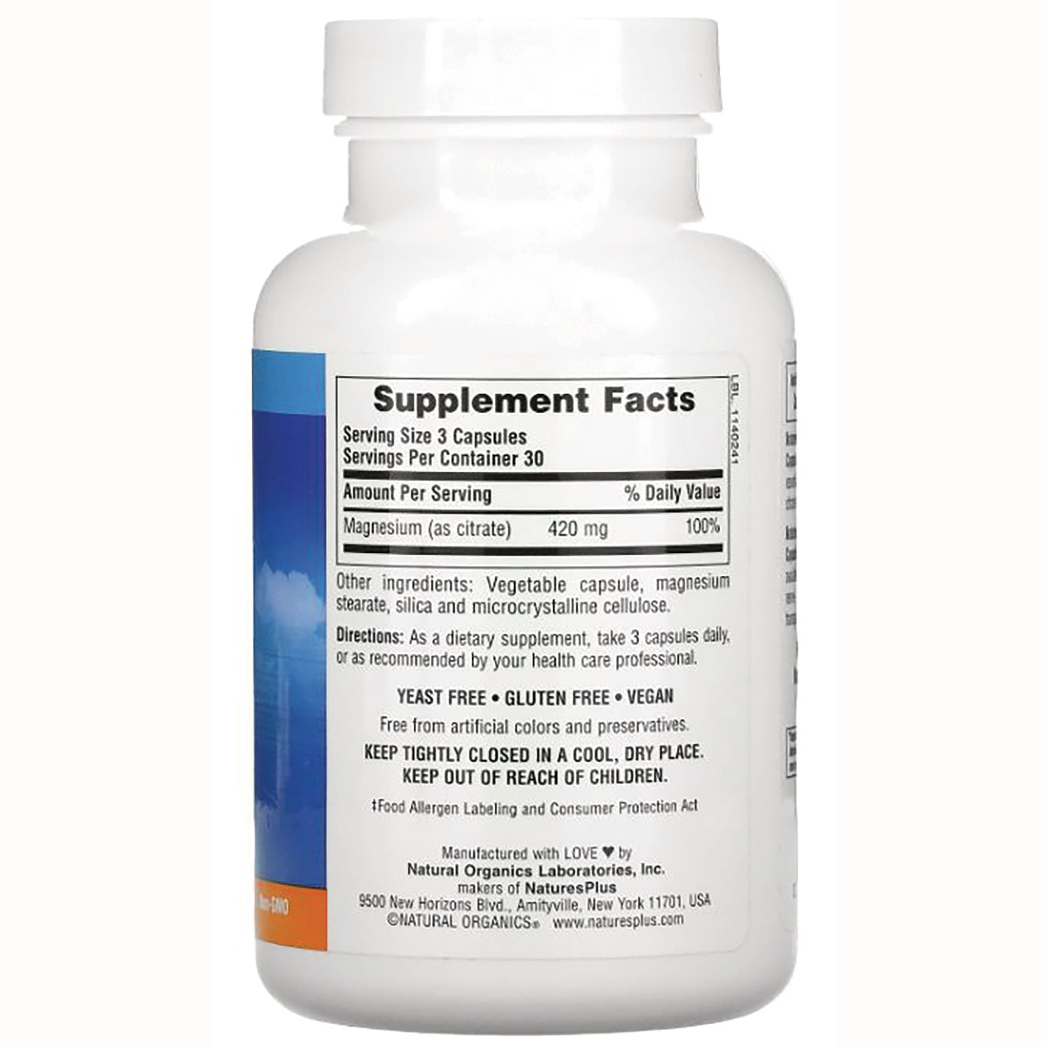 NTP320 | bottle back showing Supplement Facts panel listing magnesium (as citrate) 420 mg, directions, and allergen statements