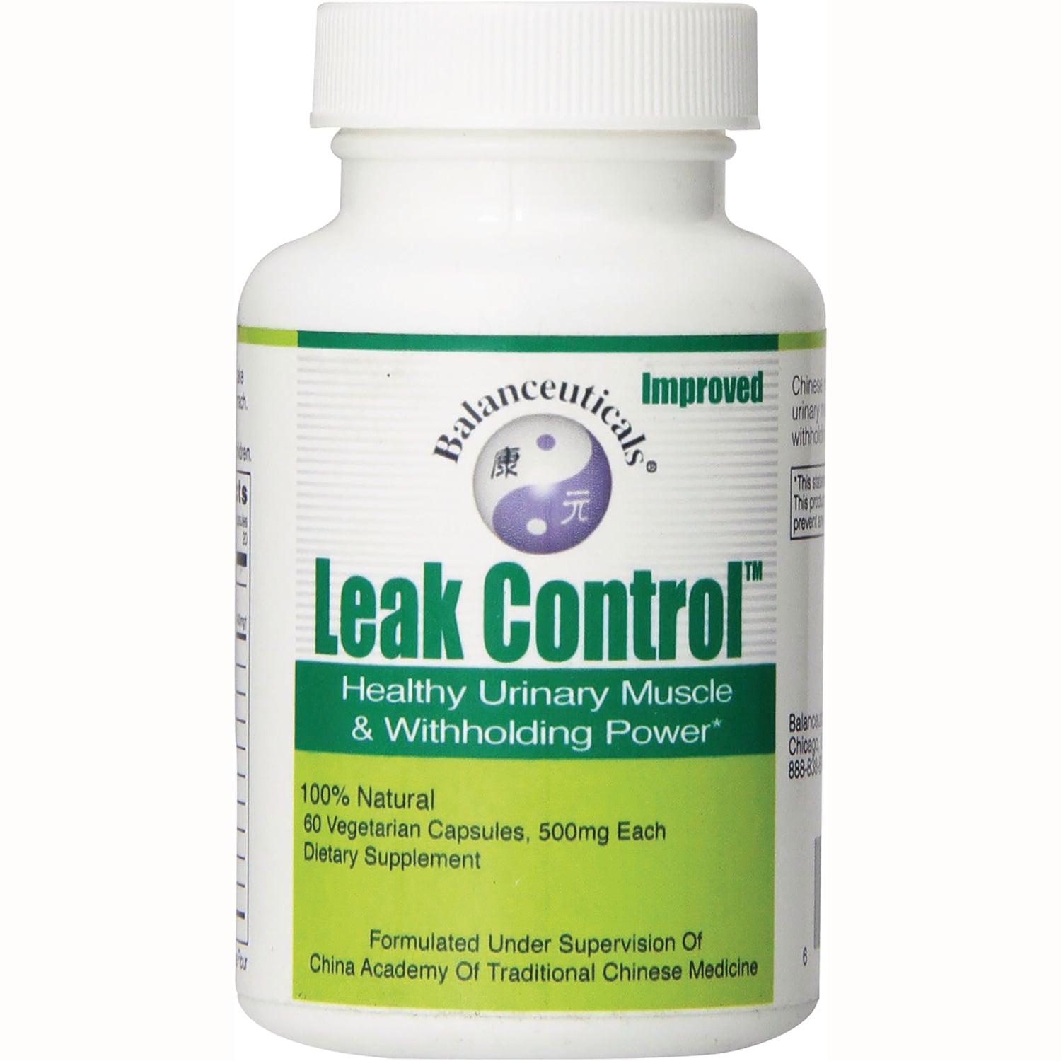 BAL001 | Leak Control supplement bottle front label reading Healthy Urinary Muscle & Withholding Power