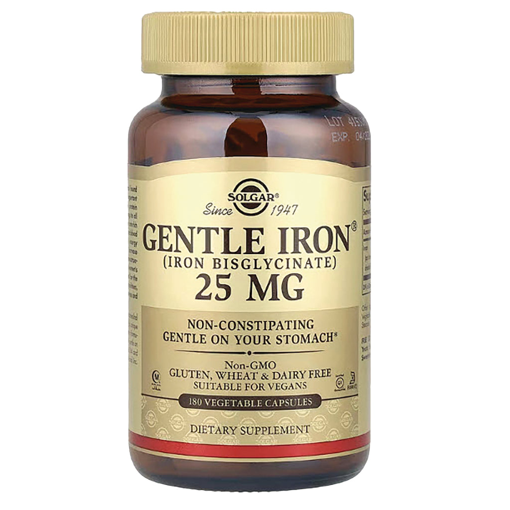 SLG228 | Solgar Gentle Iron 25 MG supplement bottle with front label, 180 vegetable capsules - Thumbnail
