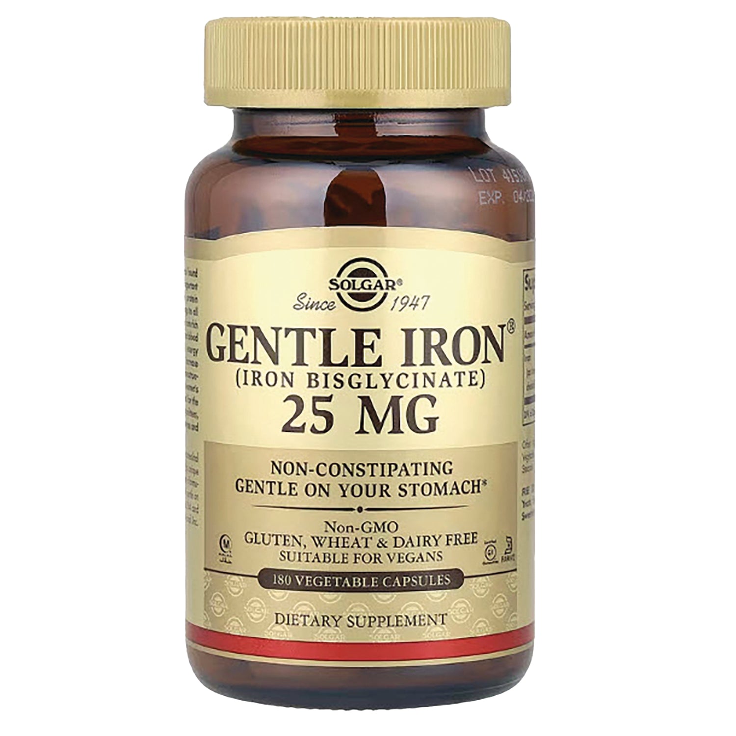 SLG228 | Solgar Gentle Iron 25 MG supplement bottle with front label, 180 vegetable capsules