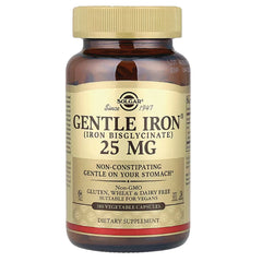 SLG228 | Solgar Gentle Iron 25 MG supplement bottle with front label, 180 vegetable capsules