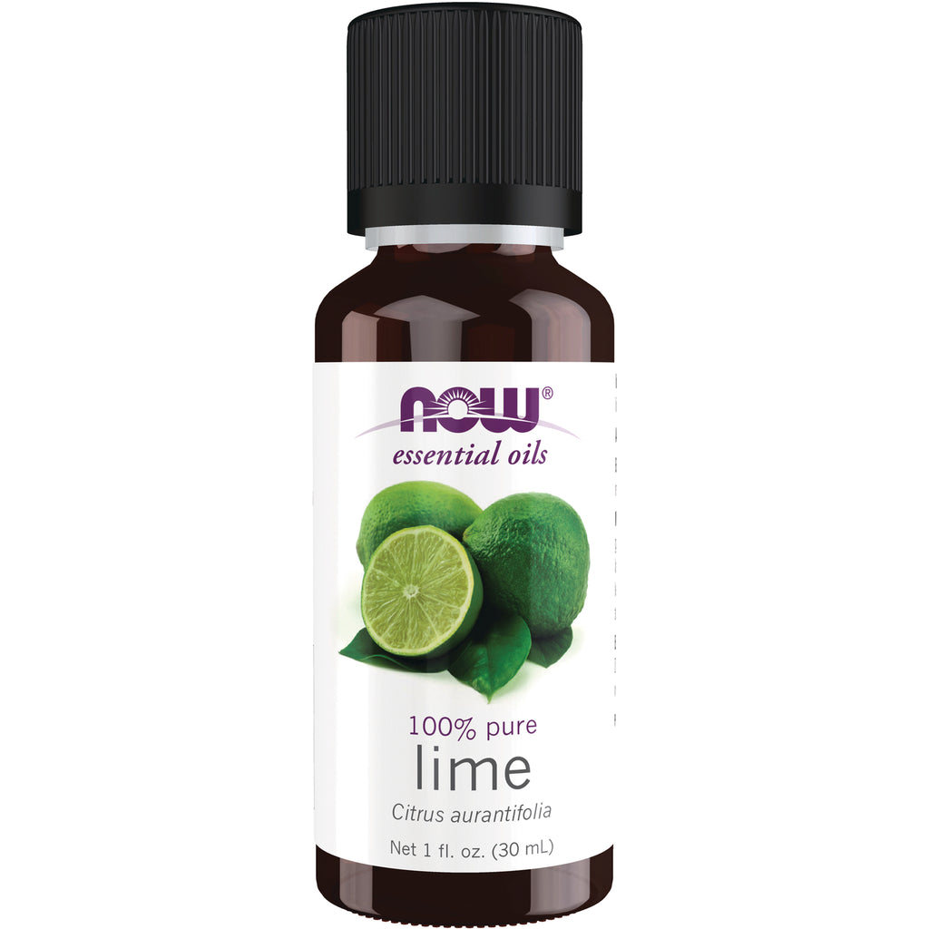 NWF490 | NOW essential oils 100% pure lime bottle, 1 fl oz brown bottle with black cap and lime illustration - Thumbnail