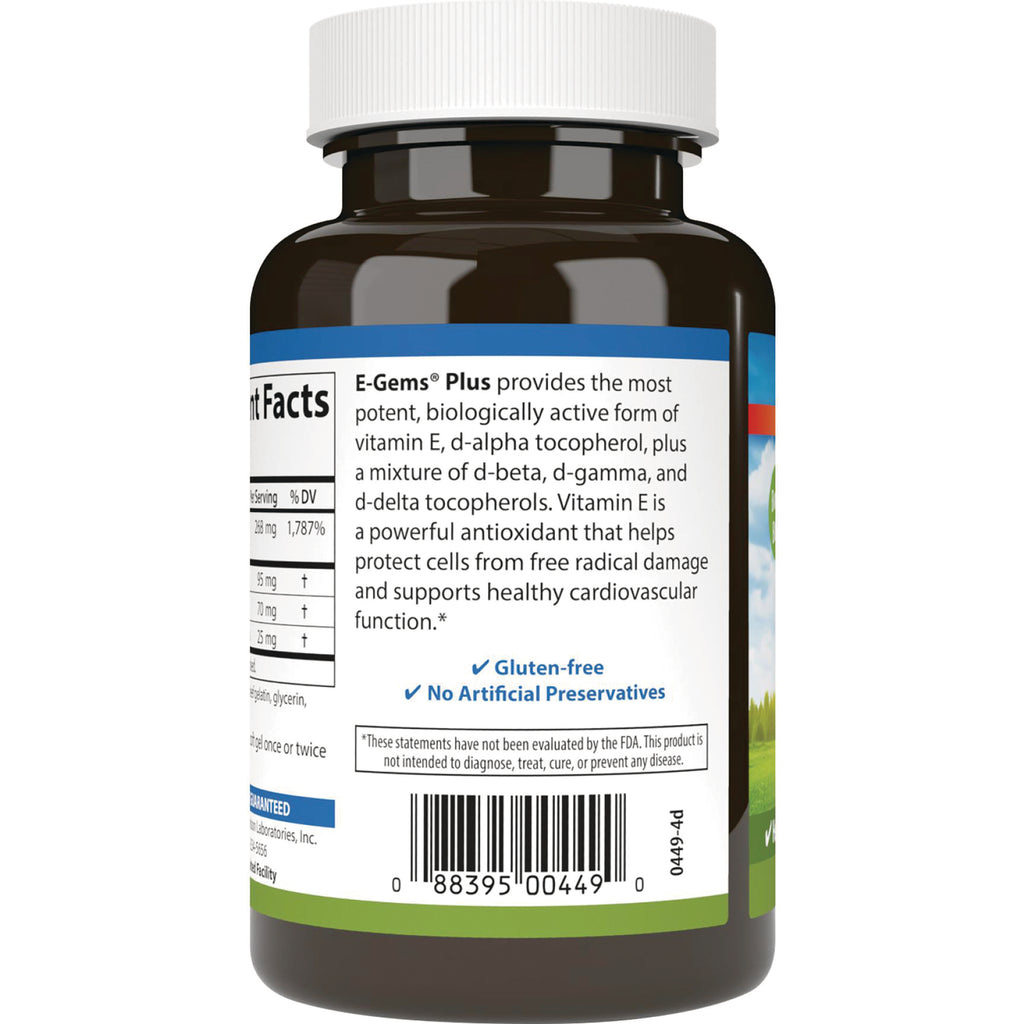 Back label showing E-Gems Plus product description, gluten-free and no artificial preservatives claims, and barcode - Thumbnail