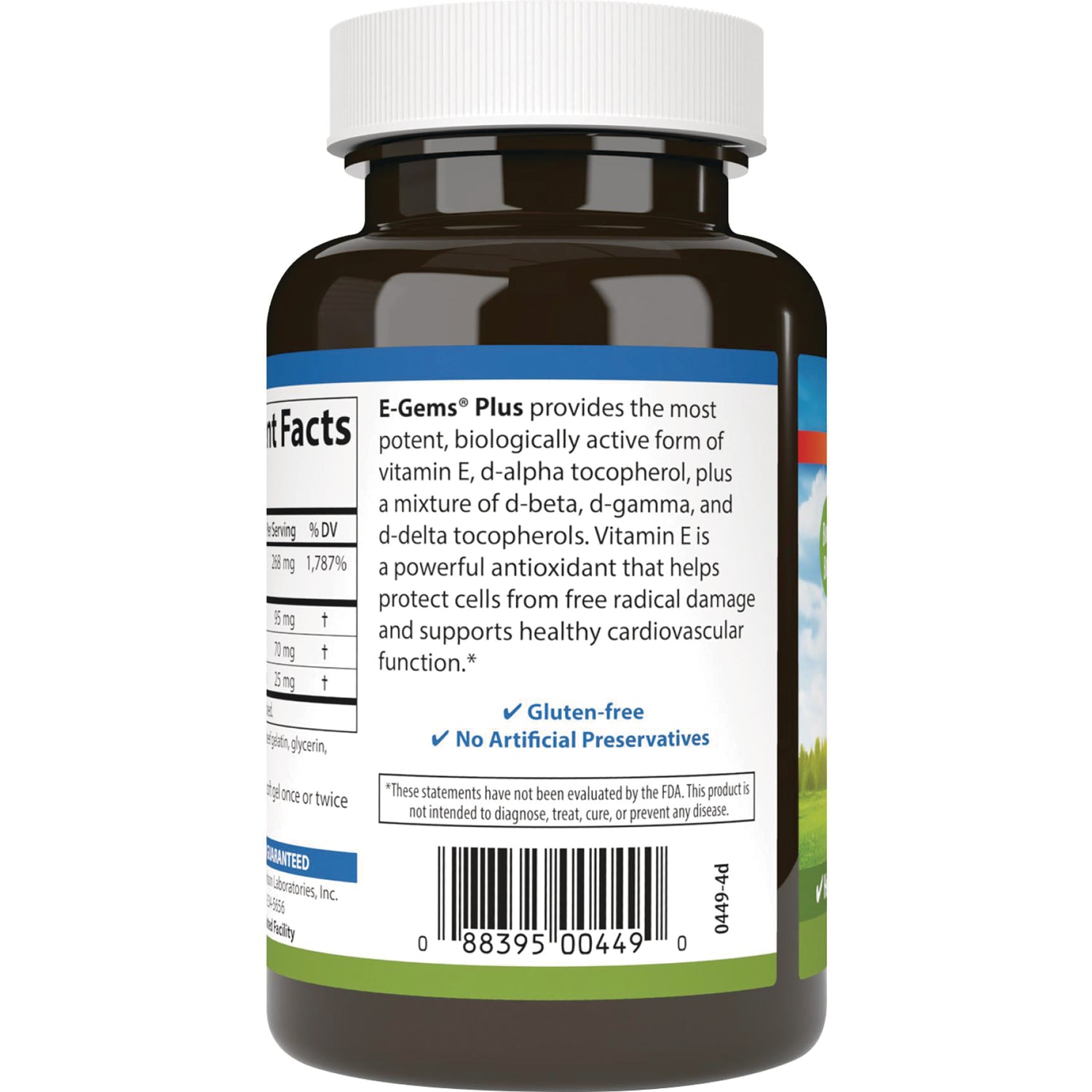 Back label showing E-Gems Plus product description, gluten-free and no artificial preservatives claims, and barcode