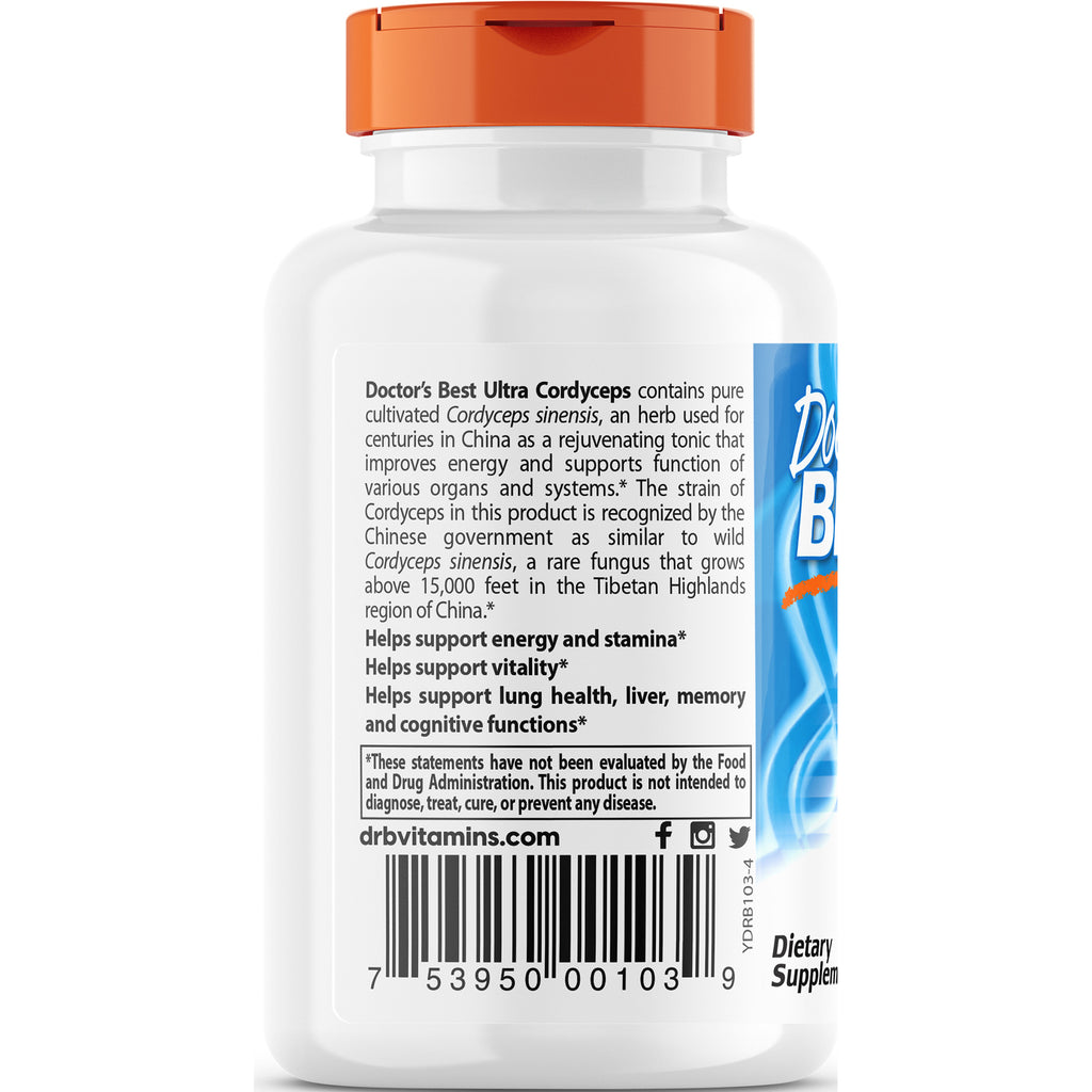 DB120 | back label of white supplement bottle showing Doctor's Best Ultra Cordyceps description, claims and barcode - Thumbnail