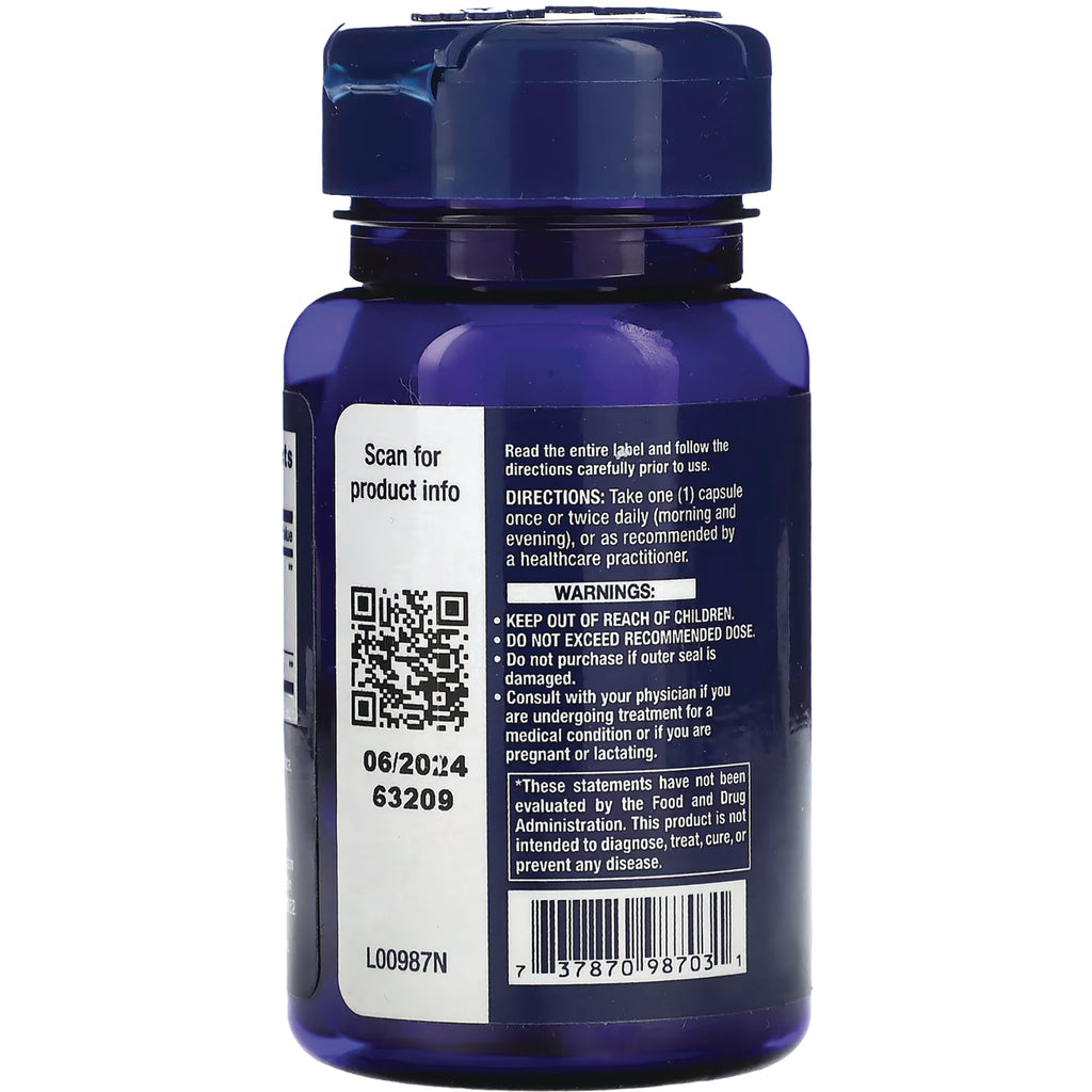 LE047 | Back of blue supplement bottle showing directions, warnings, QR code and barcode - Thumbnail