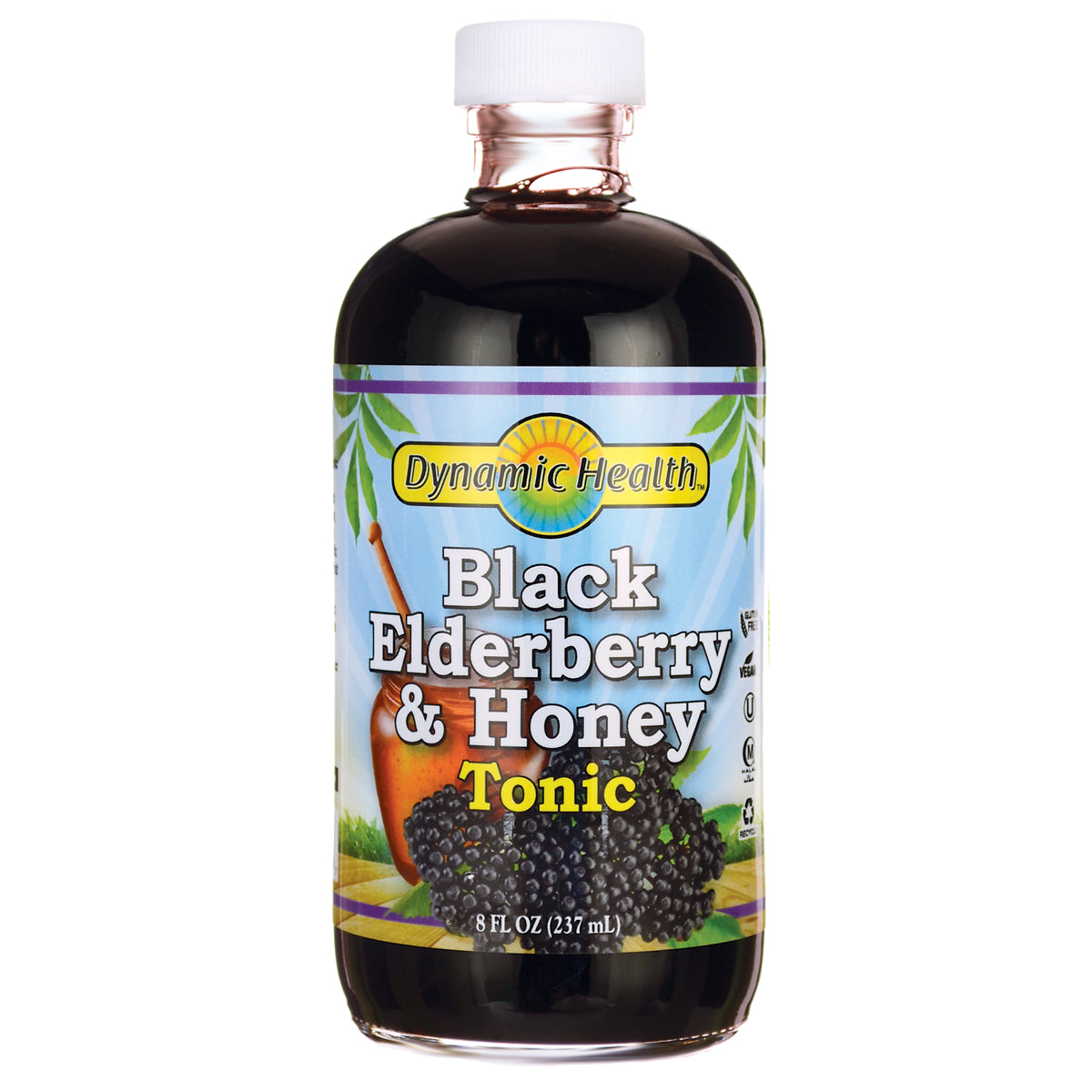 DYH029 | Dynamic Health Black Elderberry & Honey Tonic bottle, front label with berries and honey dipper