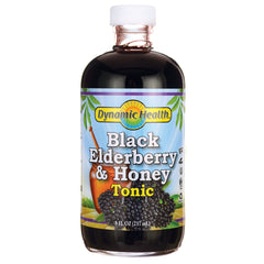 DYH029 | Dynamic Health Black Elderberry & Honey Tonic bottle, front label with berries and honey dipper