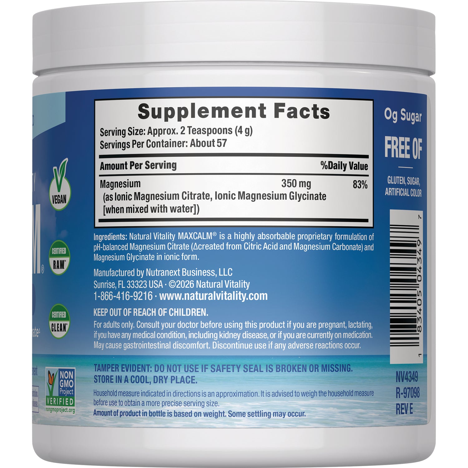 NVT052 | Back label of supplement jar showing Supplement Facts with magnesium 350 mg, serving size 2 teaspoons, manufacturer info and barcode