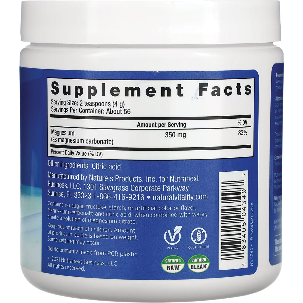 NVT052 | Back label of supplement jar showing Supplement Facts with magnesium 350 mg, serving size 2 teaspoons, manufacturer info and barcode - Thumbnail