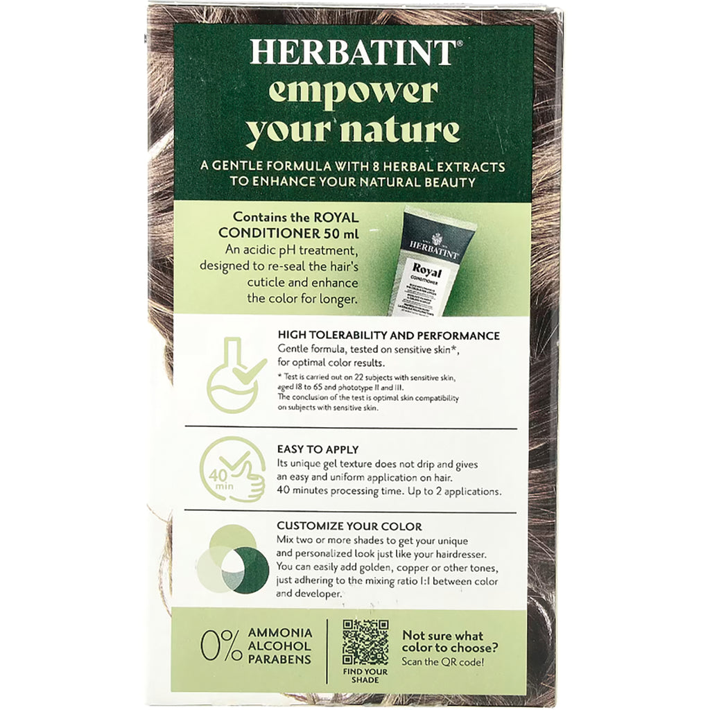 HBT006 | back of Herbatint hair color box showing conditioner 50 ml, high tolerability and easy to apply claims, 0% ammonia alcohol parabens and QR code - Thumbnail
