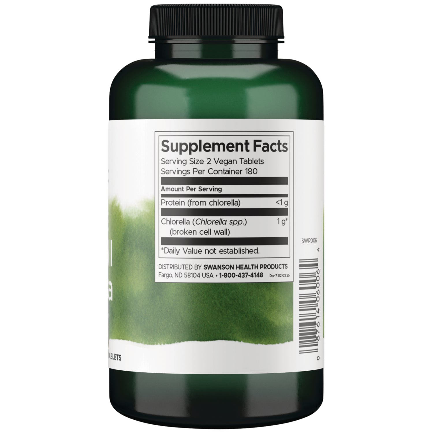 SWR006 | Back label showing Supplement Facts and serving size 2 vegan tablets, 180 servings per container