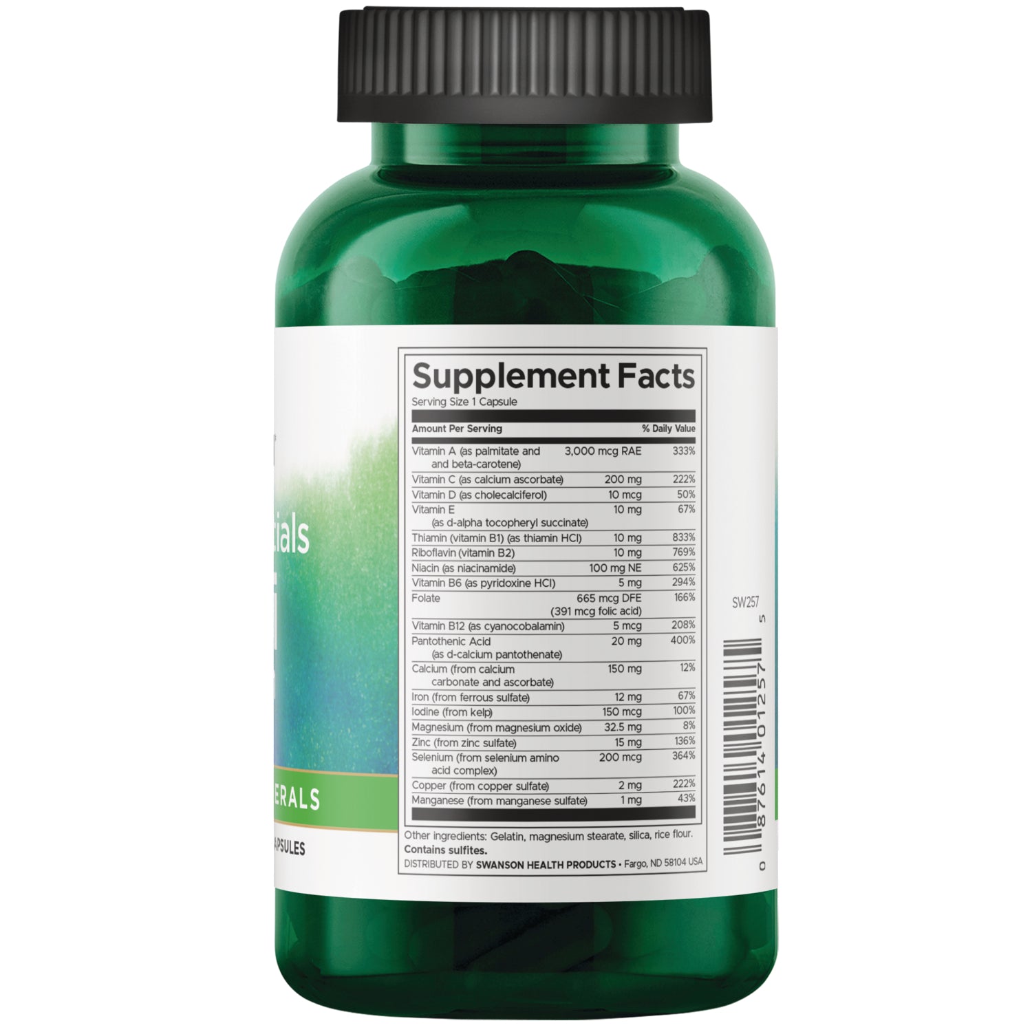 SW257 | Back of green supplement bottle showing Supplement Facts panel and barcode