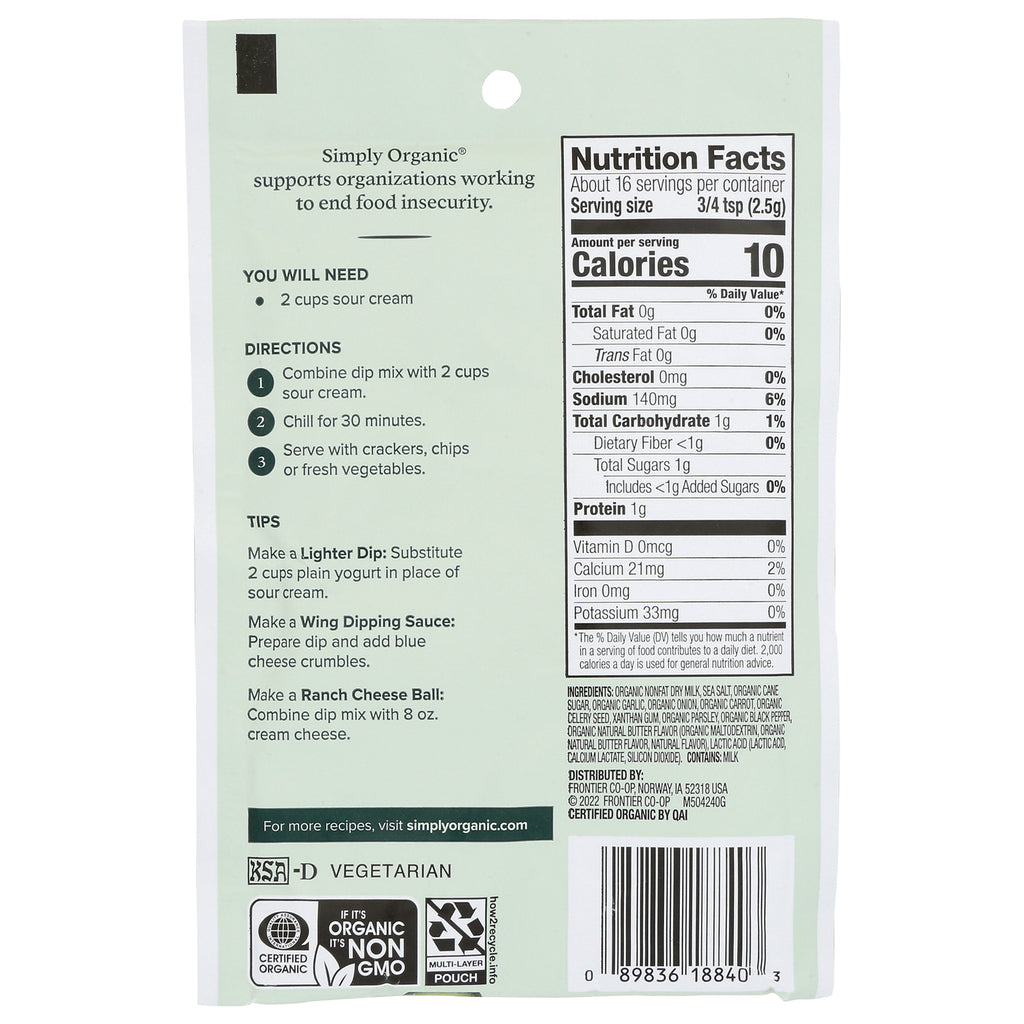 SMP043 | Back label with nutrition facts, ingredients, and dip mix directions for Simply Organic - Thumbnail