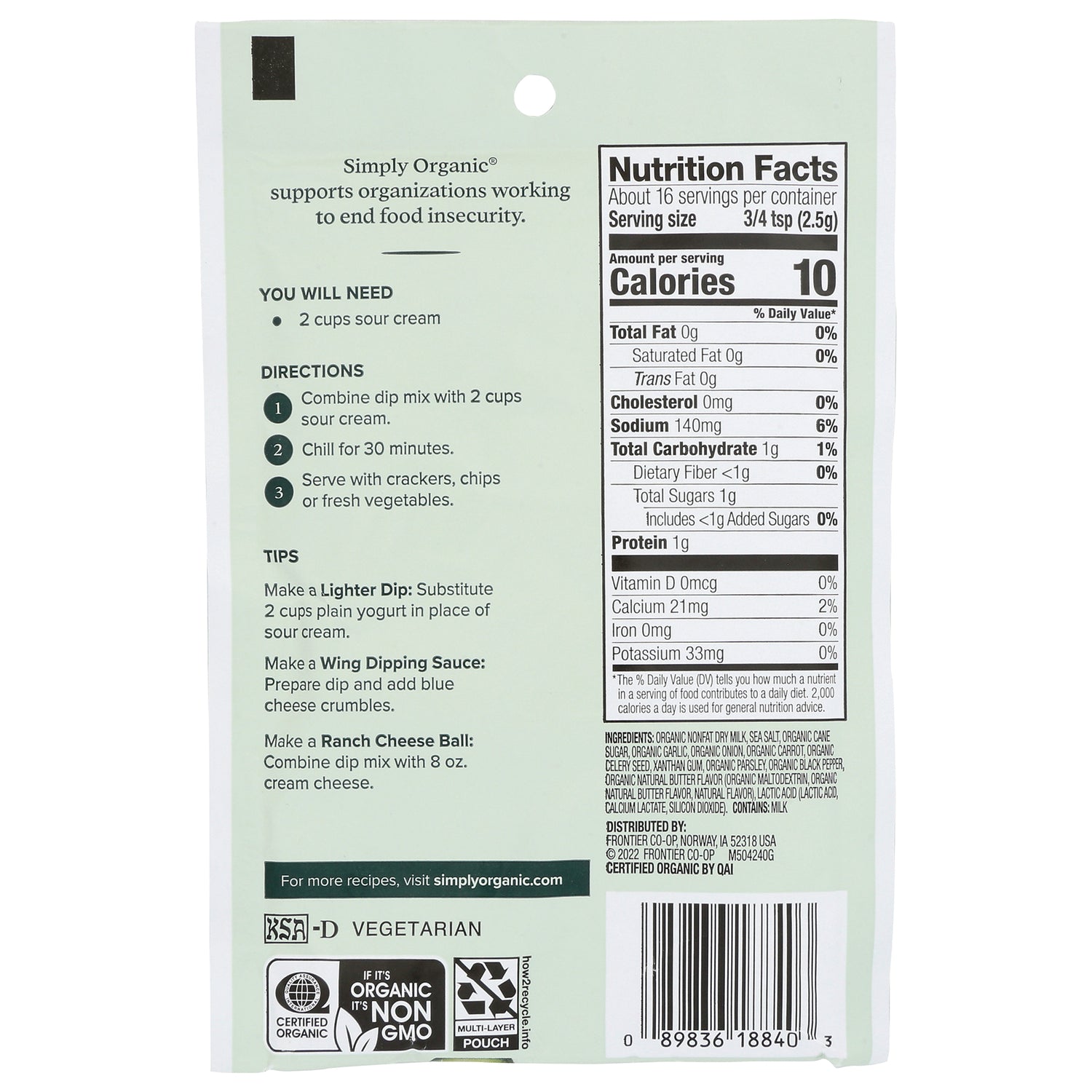 SMP043 | Back label with nutrition facts, ingredients, and dip mix directions for Simply Organic