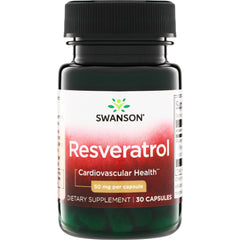 SWU282 | Swanson Resveratrol supplement bottle, 50 mg per capsule, 30 capsules, Cardiovascular Health