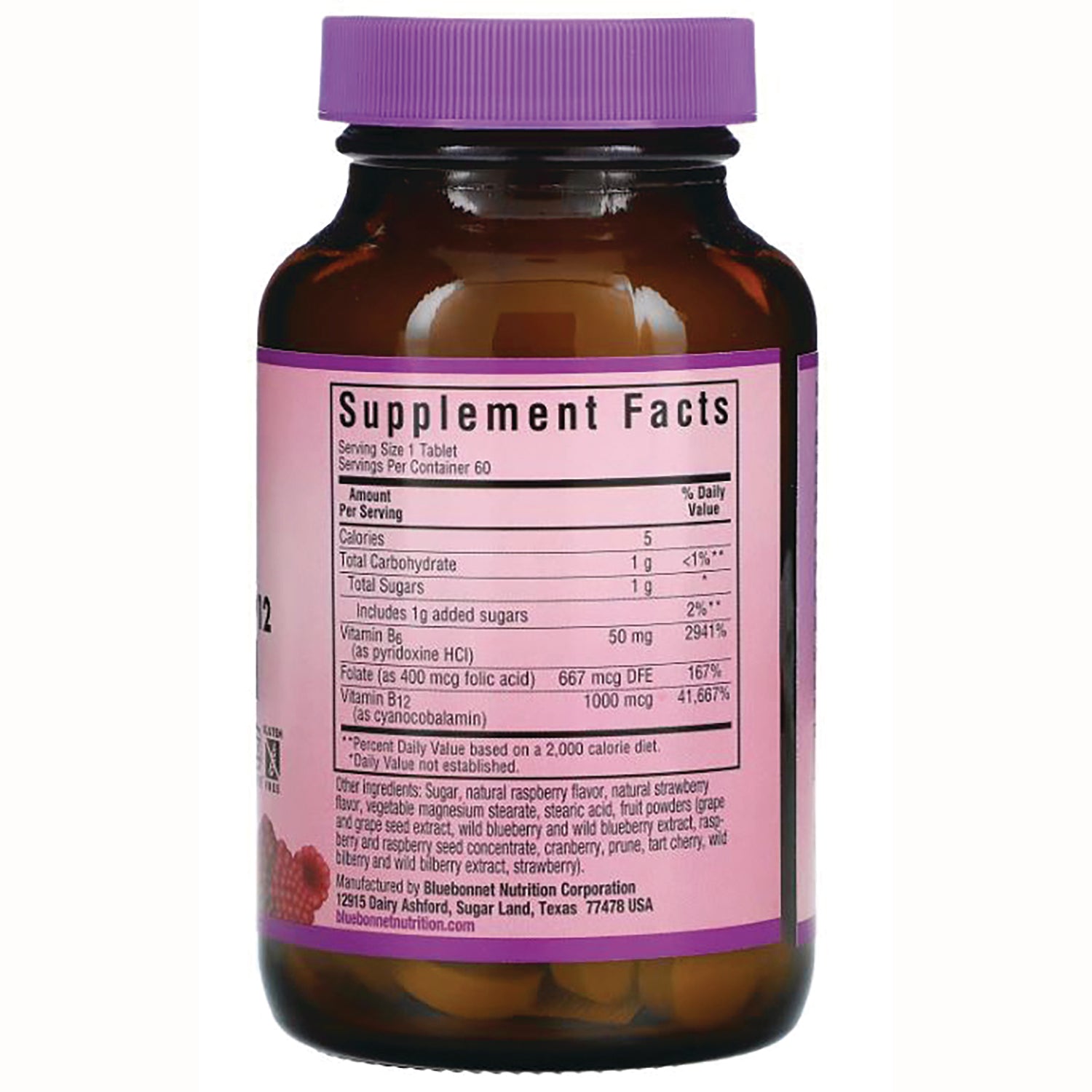 BLU075 | Back of brown supplement bottle with purple cap showing pink label reading Supplement Facts and ingredients