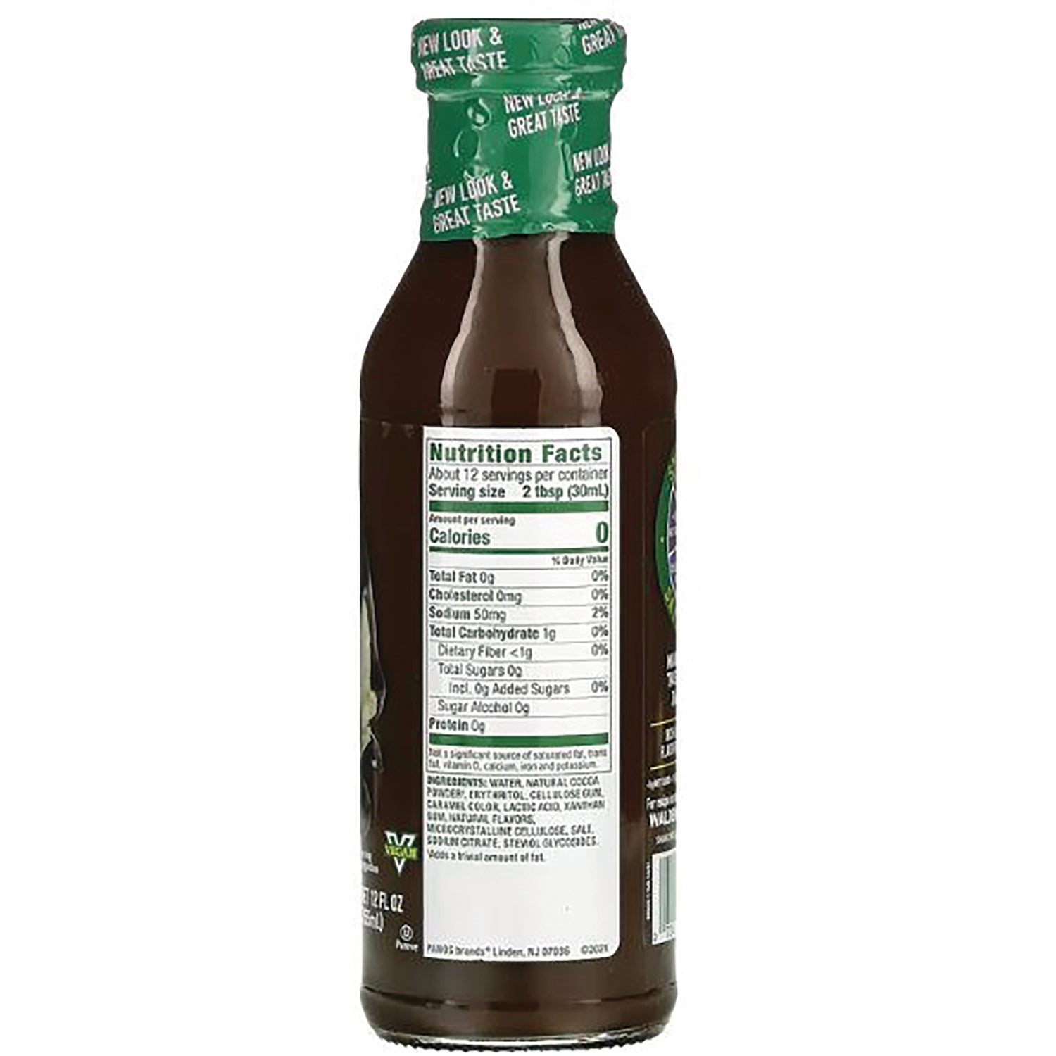 WAL005 | Back of bottle showing Nutrition Facts panel and green cap text New Look Great Taste