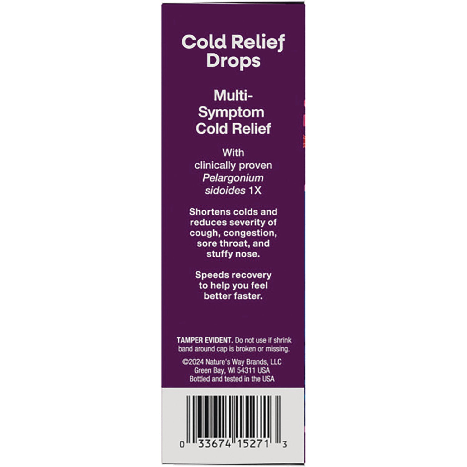 NW582 | Cold Relief Drops side panel listing multi-symptom cold relief benefits, tamper warning, and barcode
