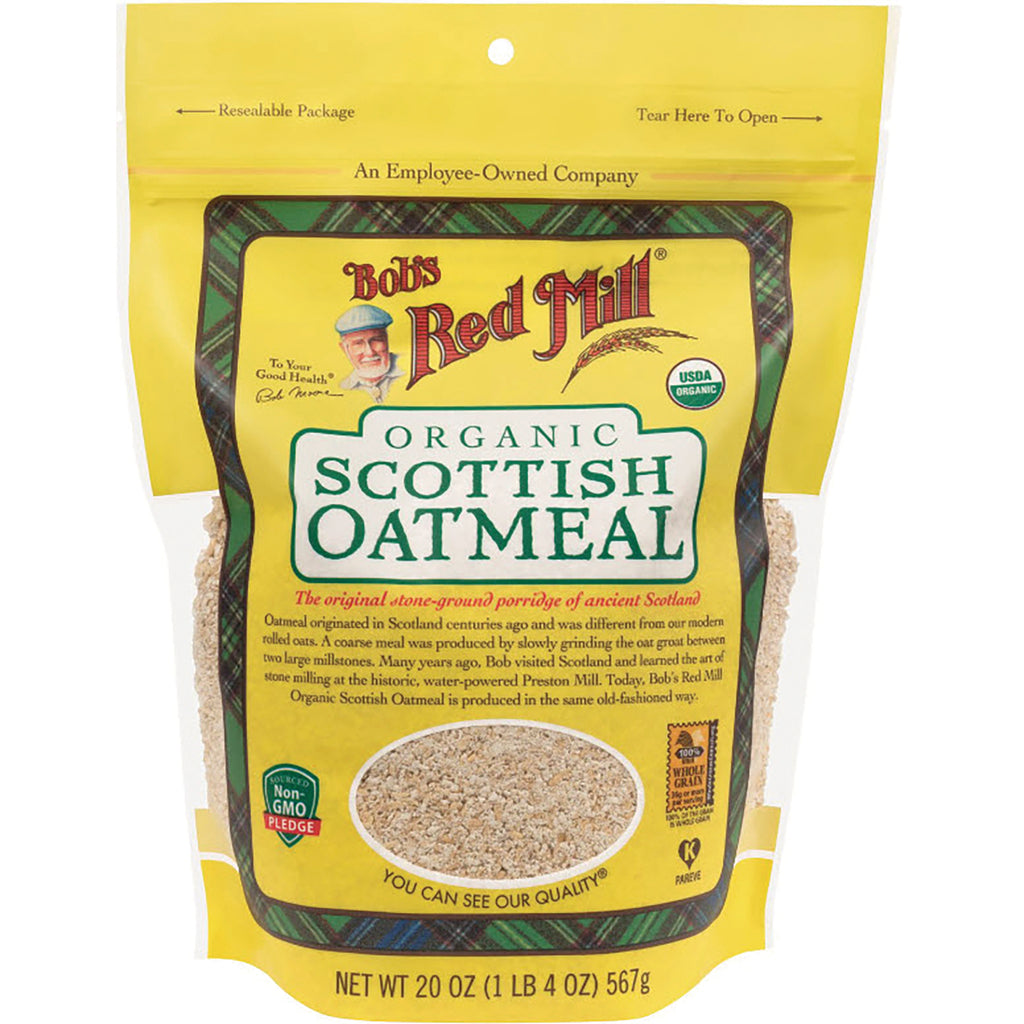 BOB316 | Bob's Red Mill organic Scottish oatmeal resealable 20 oz bag with window showing oats - Thumbnail